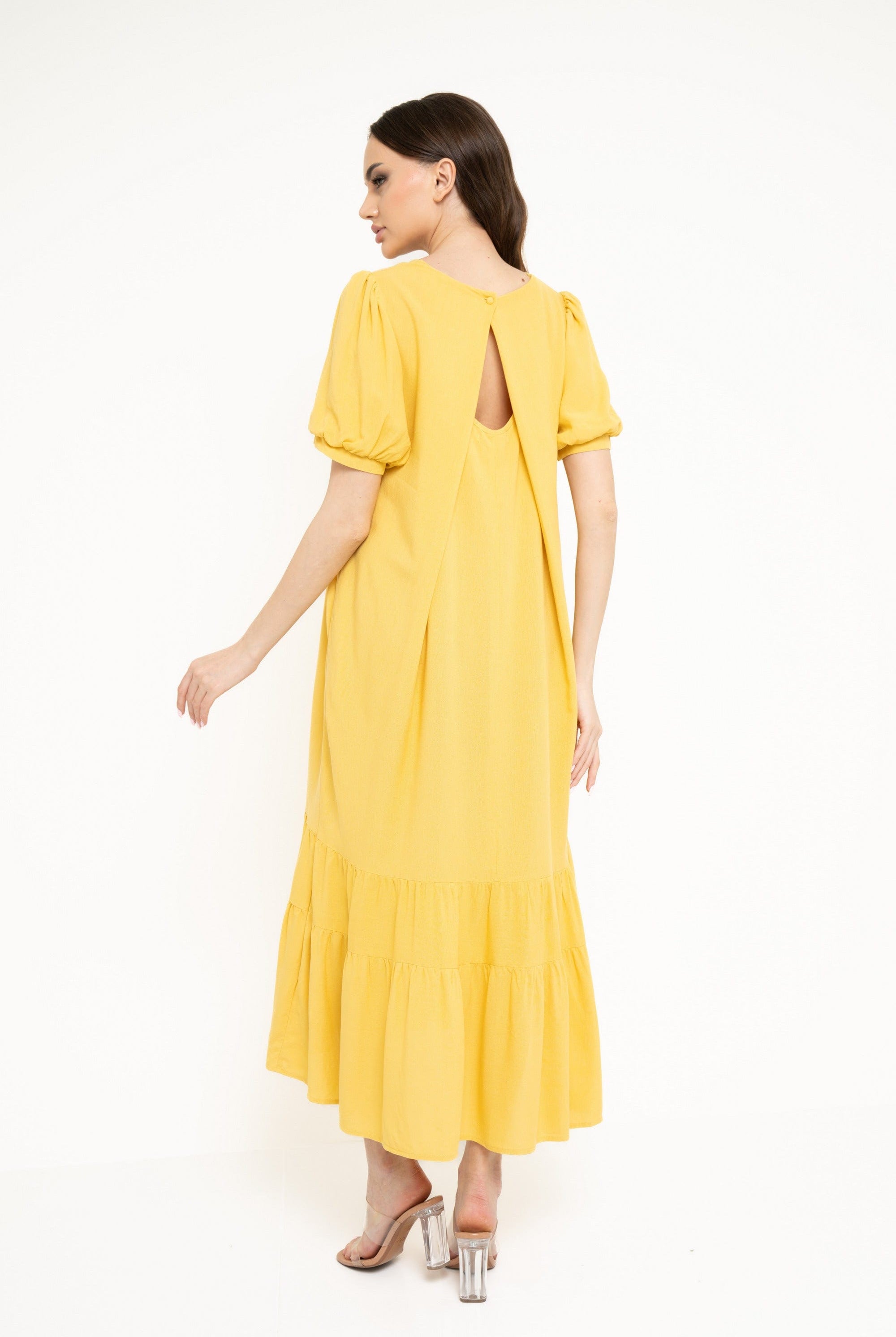 نتشي فستان ميدي سادة بكسرات من أسفل كم قصير نسائي