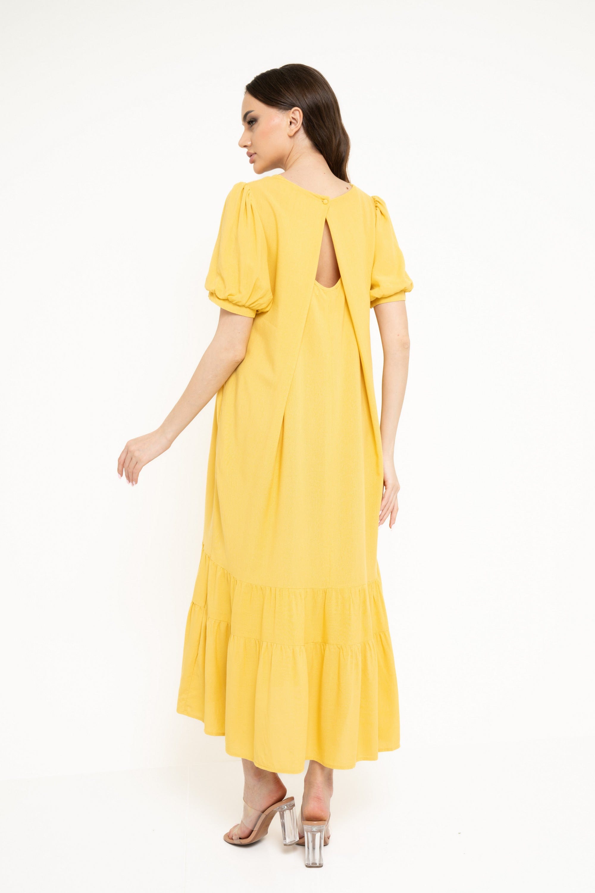 نتشي فستان ميدي سادة بكسرات من أسفل كم قصير نسائي