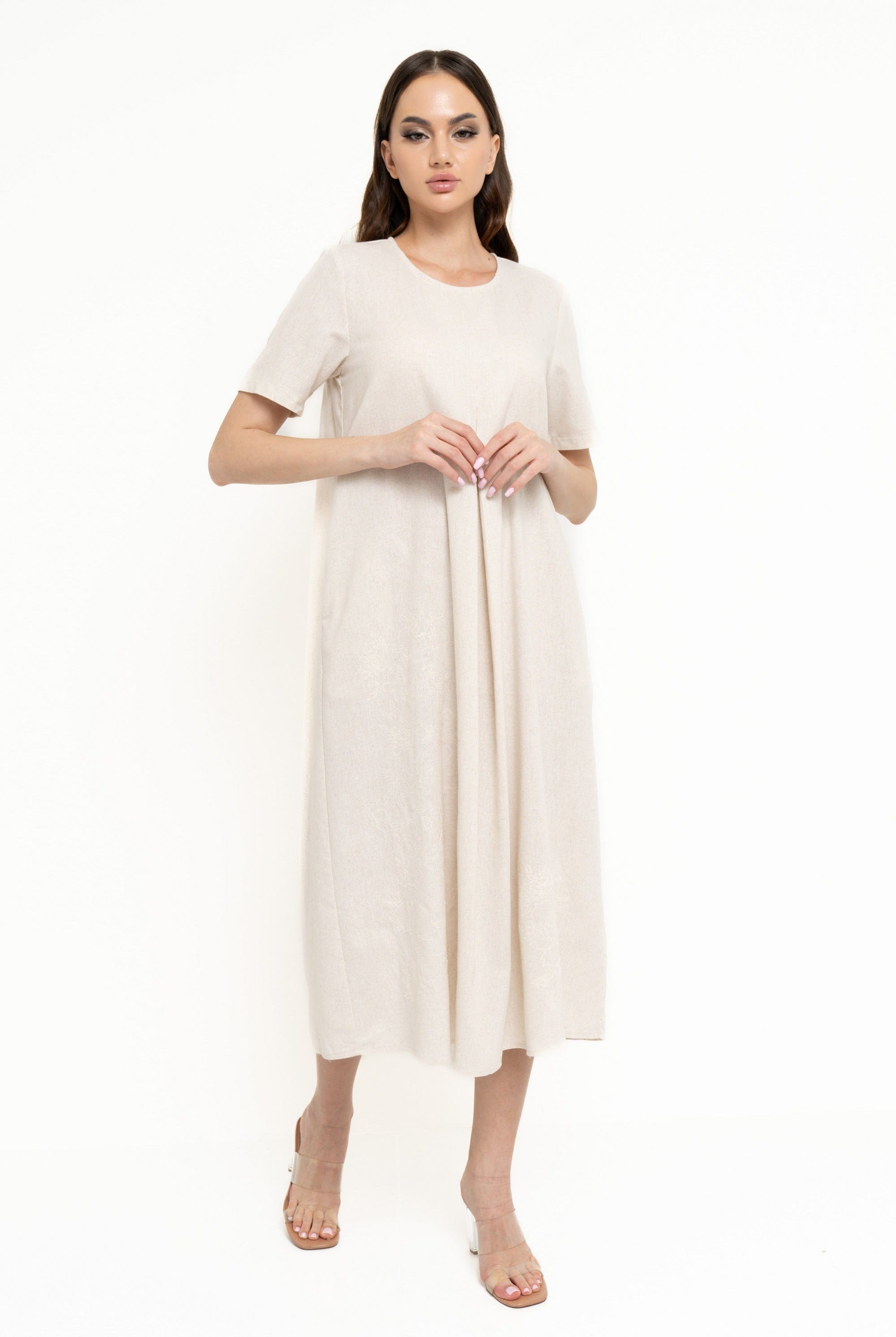 نتشي فستان ميدي سادة نص كم نسائي