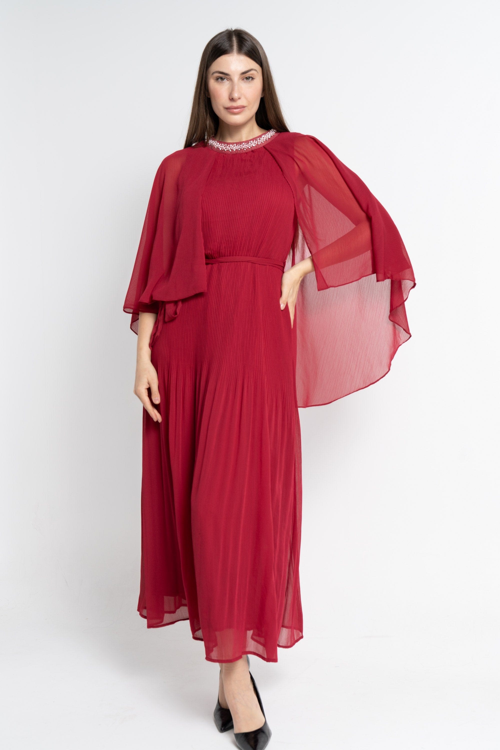 نتشي فستان ماكسي بأكمام فراشة سادة نسائي مارون