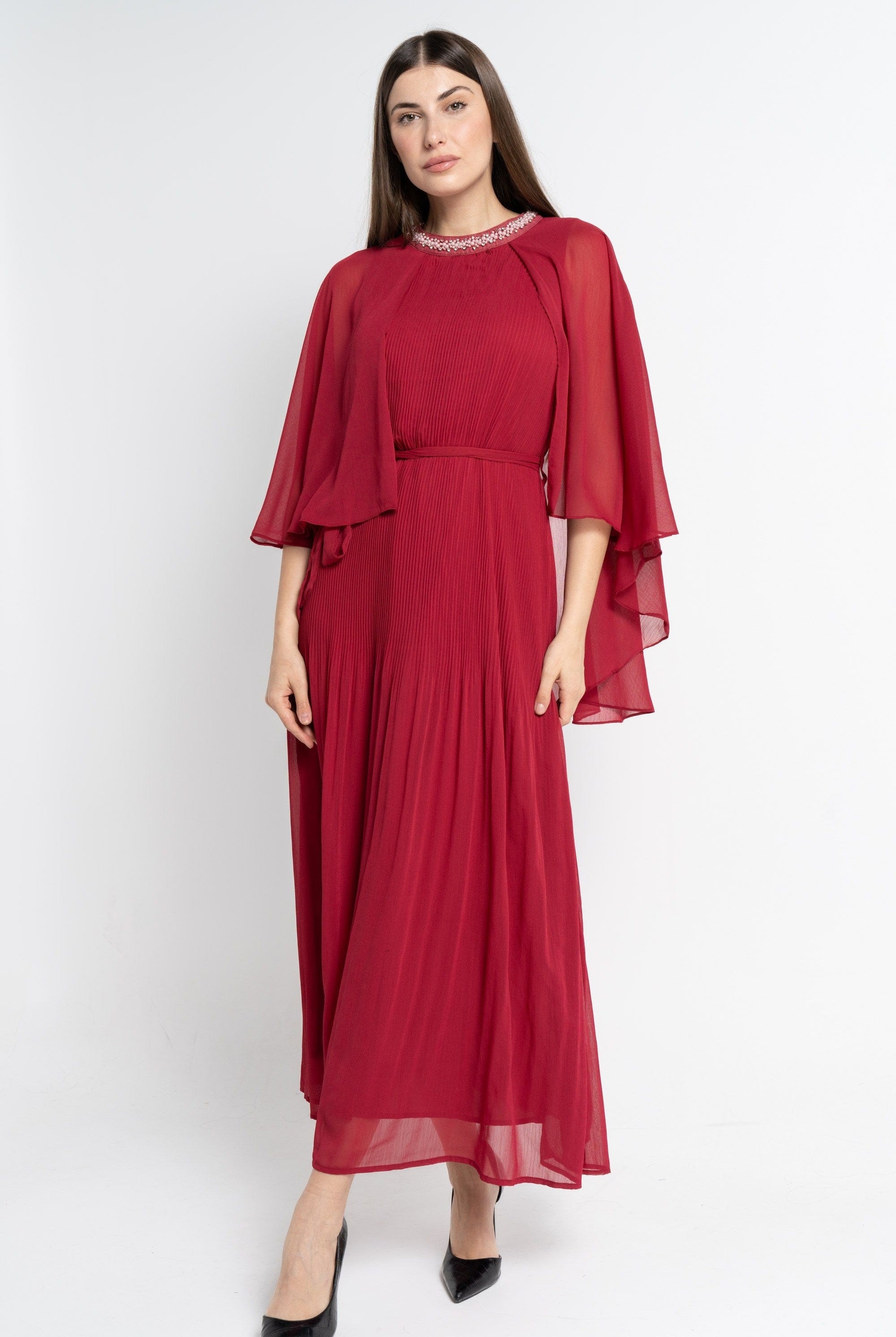 نتشي فستان ماكسي بأكمام فراشة سادة نسائي مارون