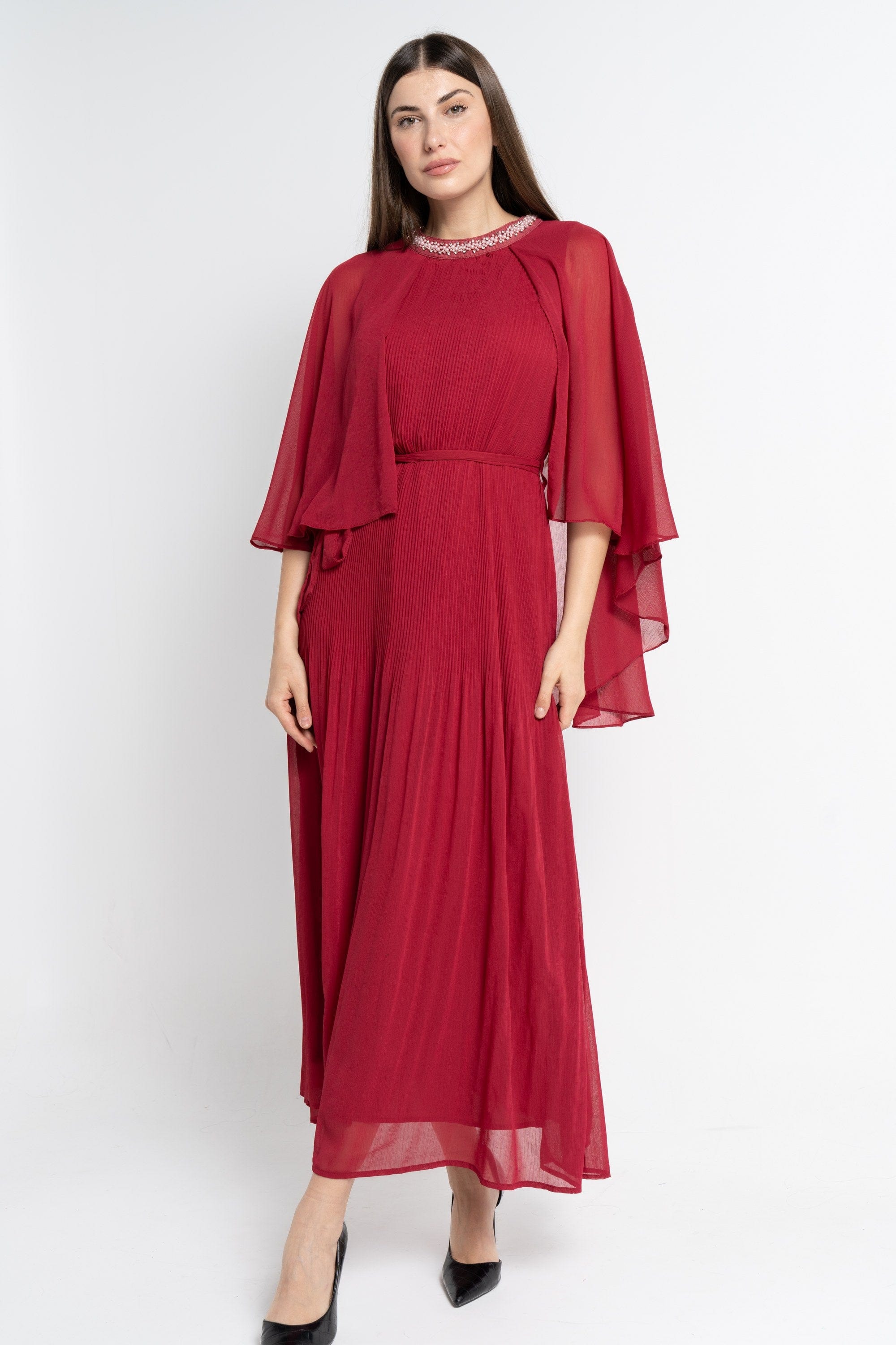 نتشي فستان ماكسي بأكمام فراشة سادة نسائي مارون