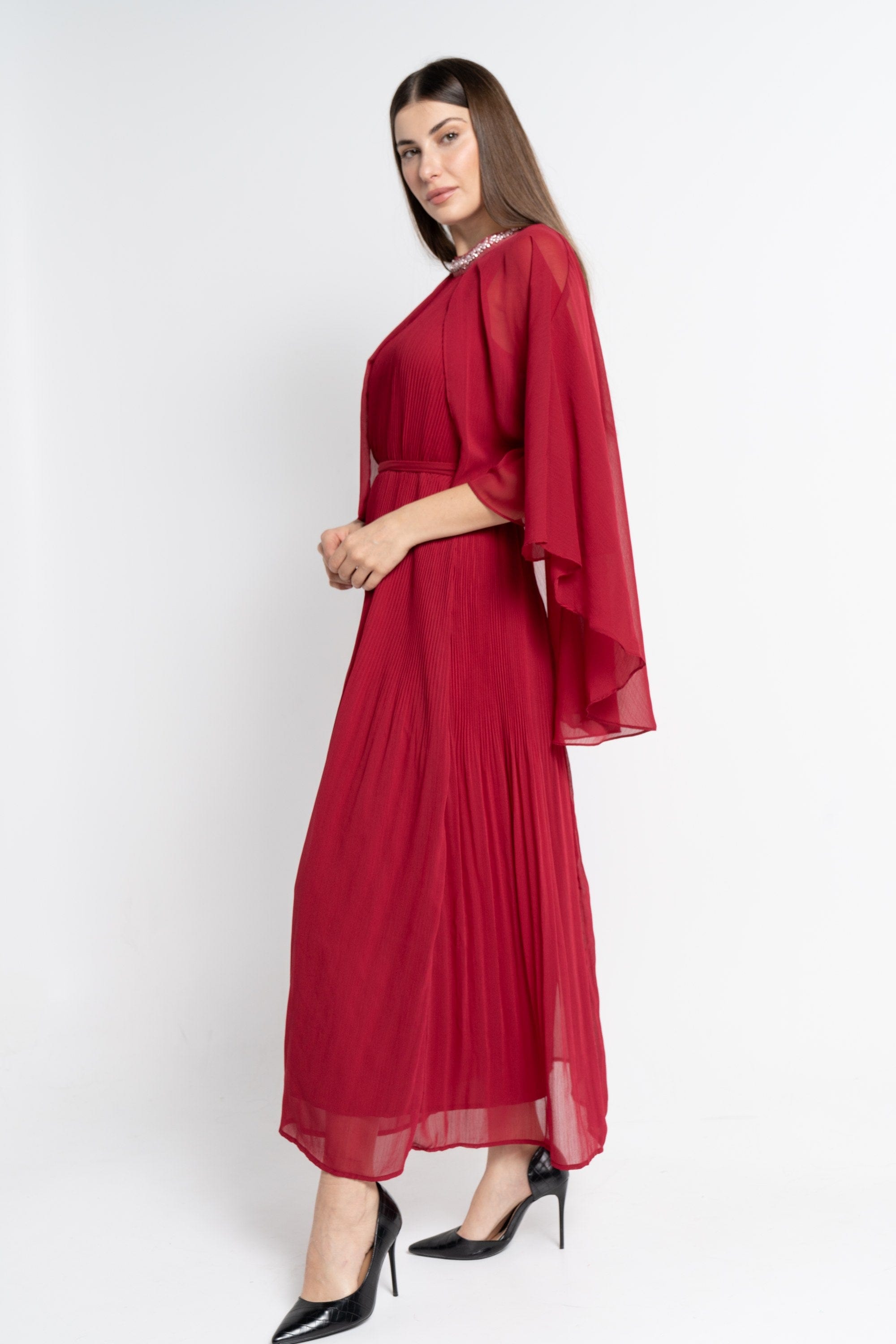 نتشي فستان ماكسي بأكمام فراشة سادة نسائي مارون