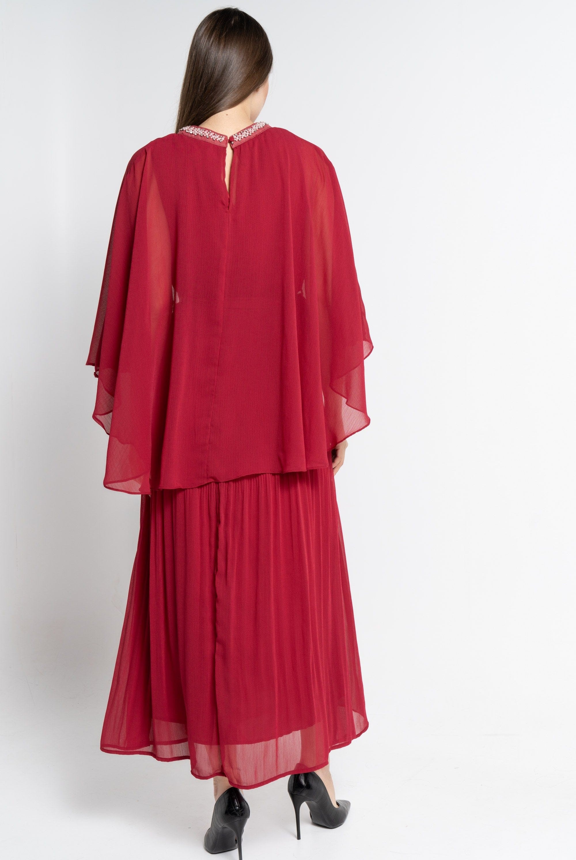 نتشي فستان ماكسي بأكمام فراشة سادة نسائي مارون