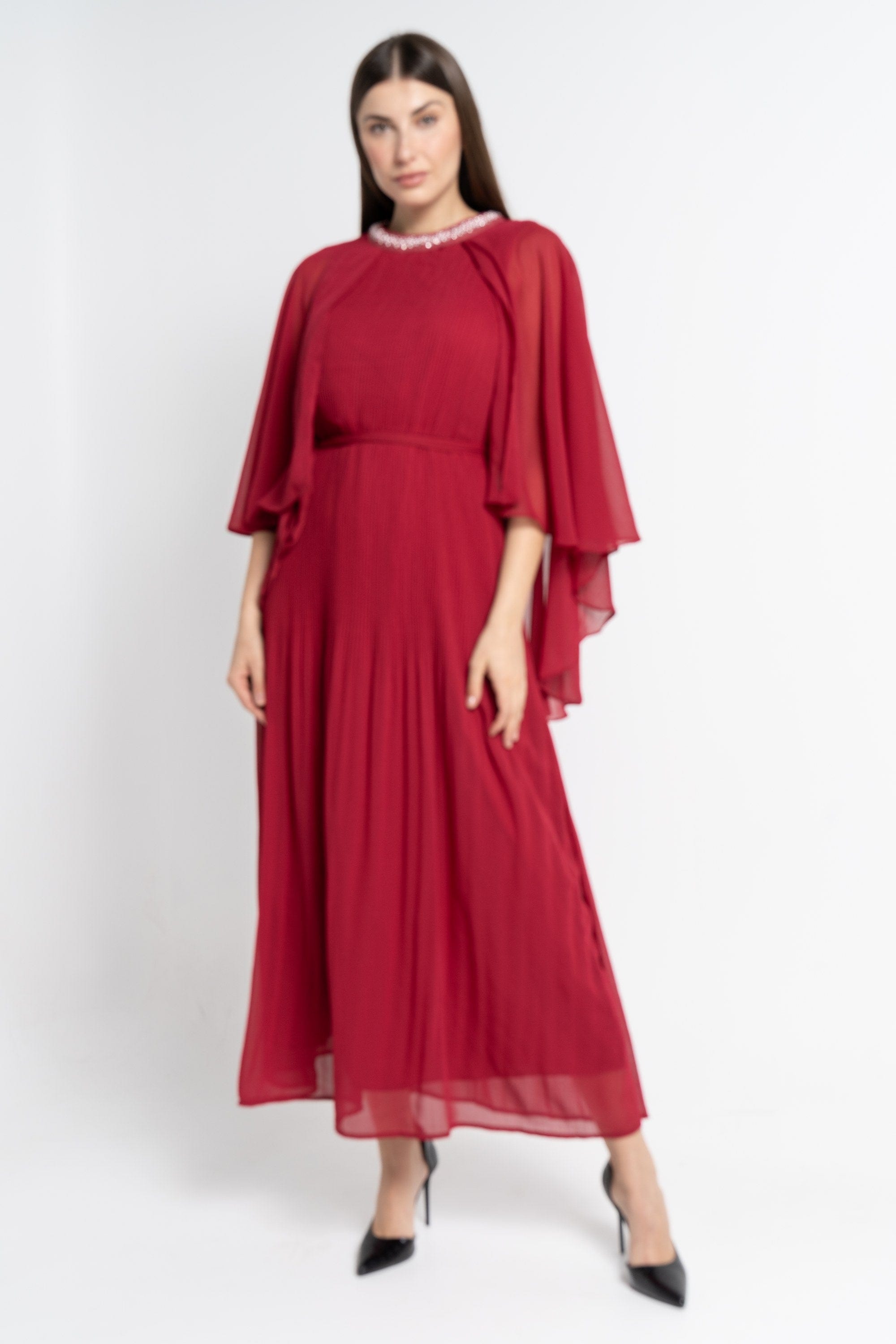 نتشي فستان ماكسي بأكمام فراشة سادة نسائي مارون