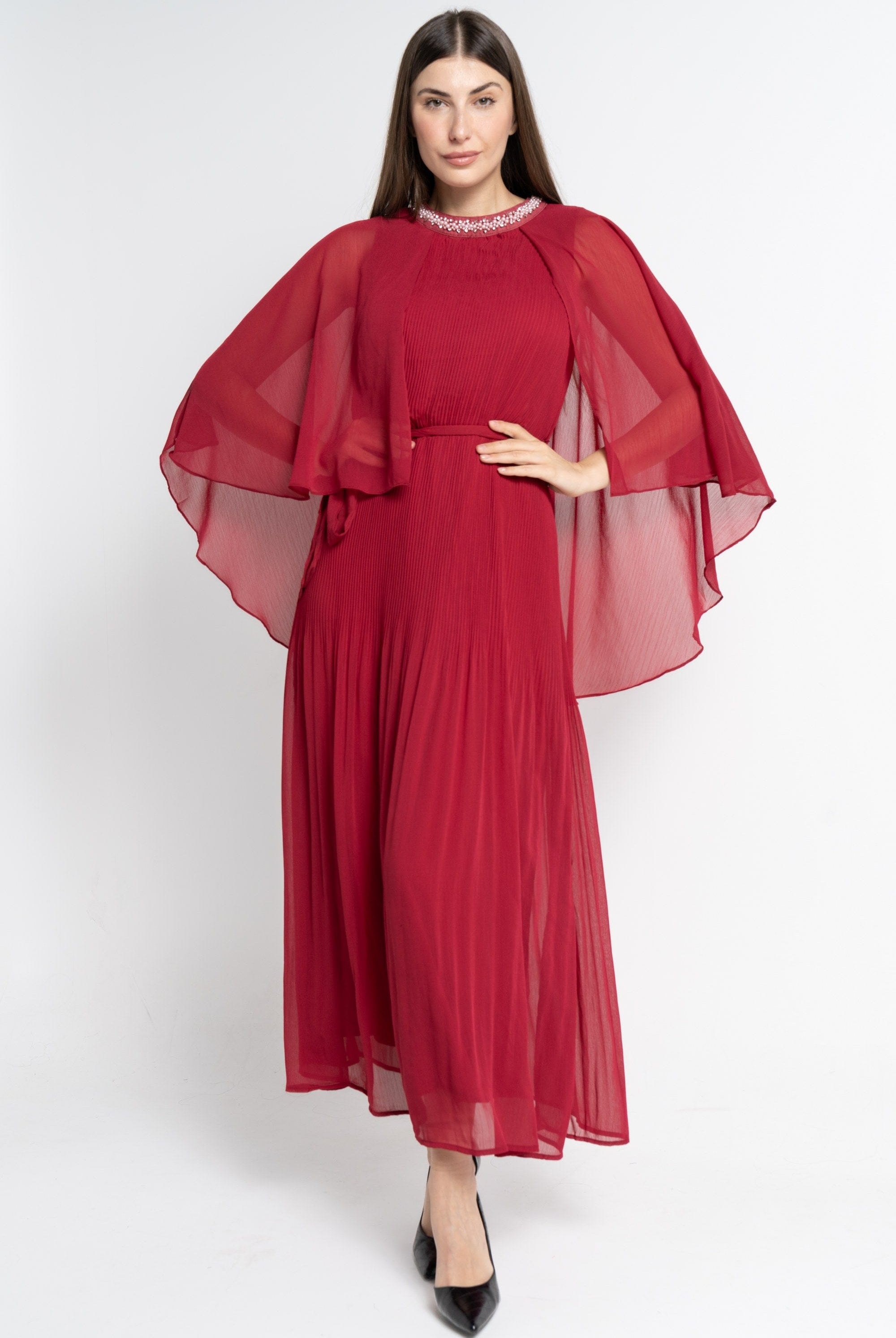 نتشي فستان ماكسي بأكمام فراشة سادة نسائي مارون