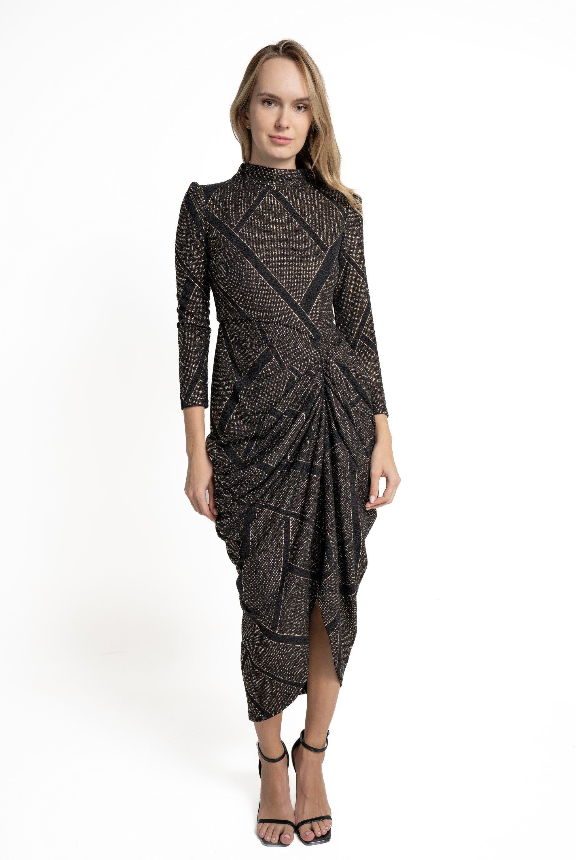 يولا فستان ميدي مزموم كم طويل نسائي