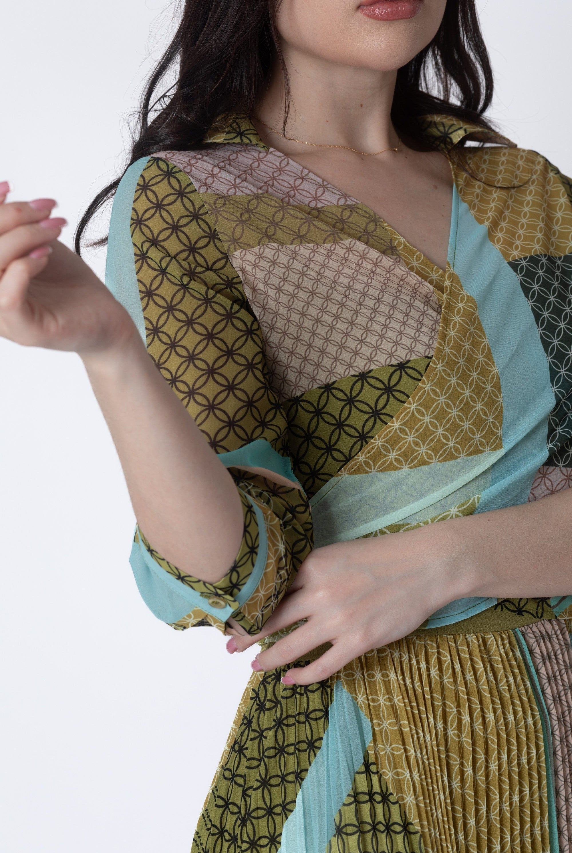 يولا فستان ماكسي بليسيه مخصر منقوش نسائي