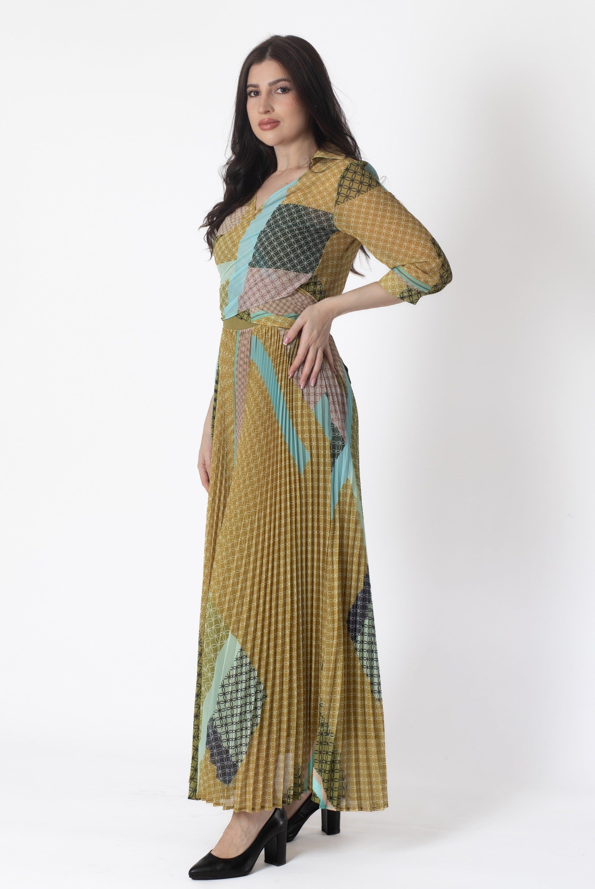 يولا فستان ماكسي بليسيه مخصر منقوش نسائي