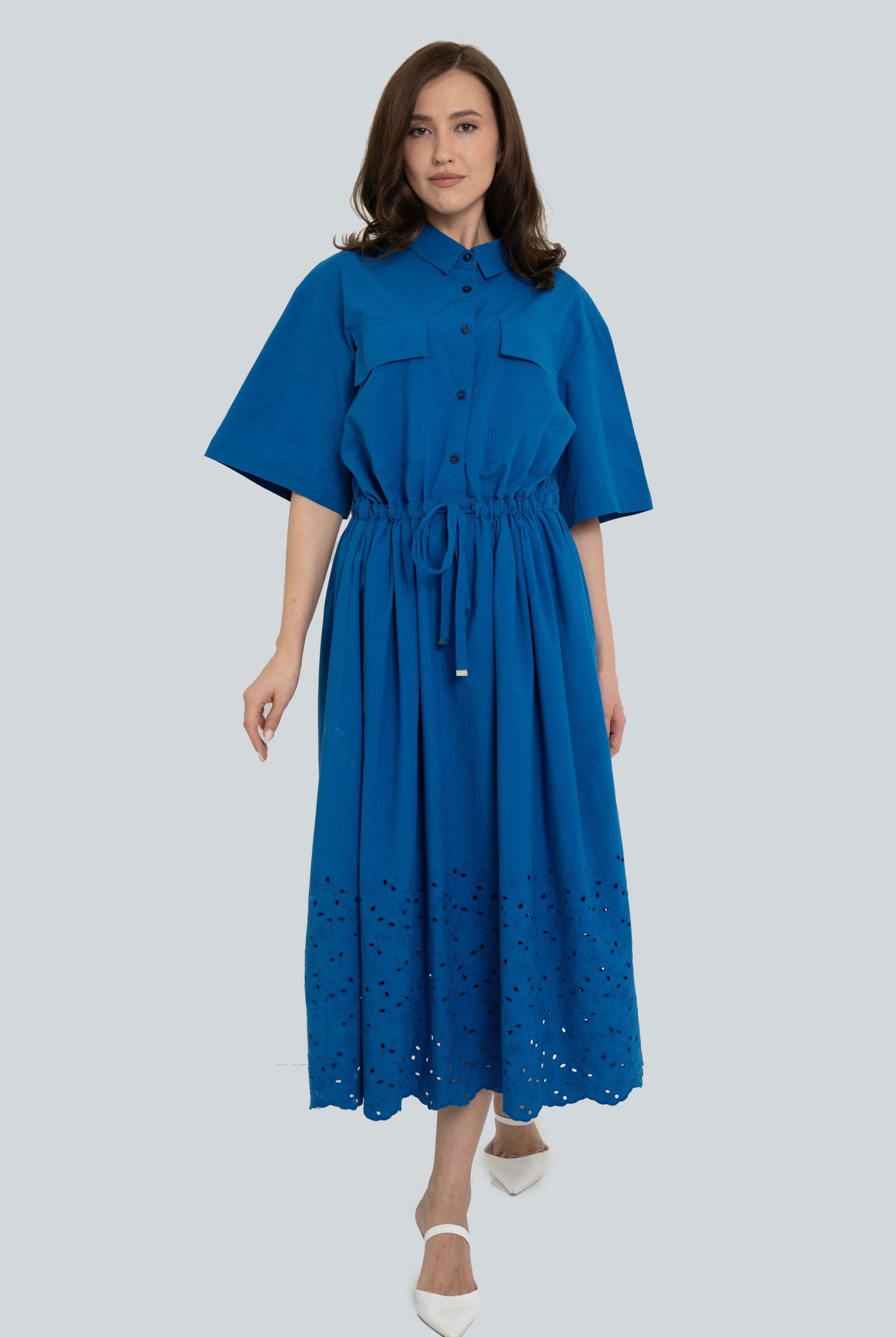 يولا فستان طويل مخصر نص كم بجيوب نسائي