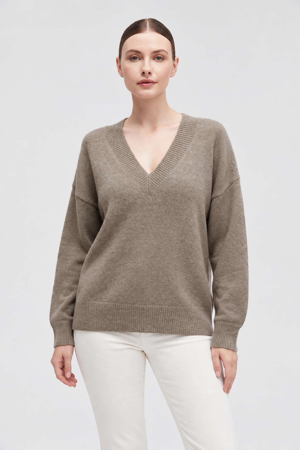 IYE815W264CDY tan long-sleeve V-neck knit sweater on Nina, garment-focused front