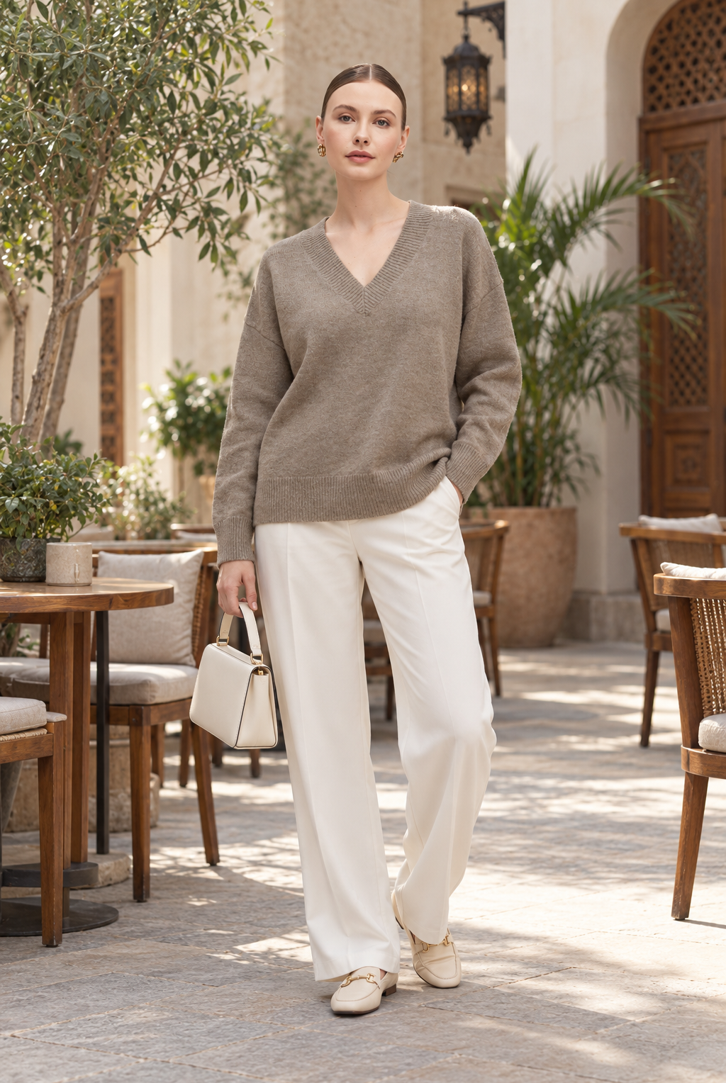 IYE815W264CDY tan long-sleeve V-neck knit sweater on Nina, lifestyle