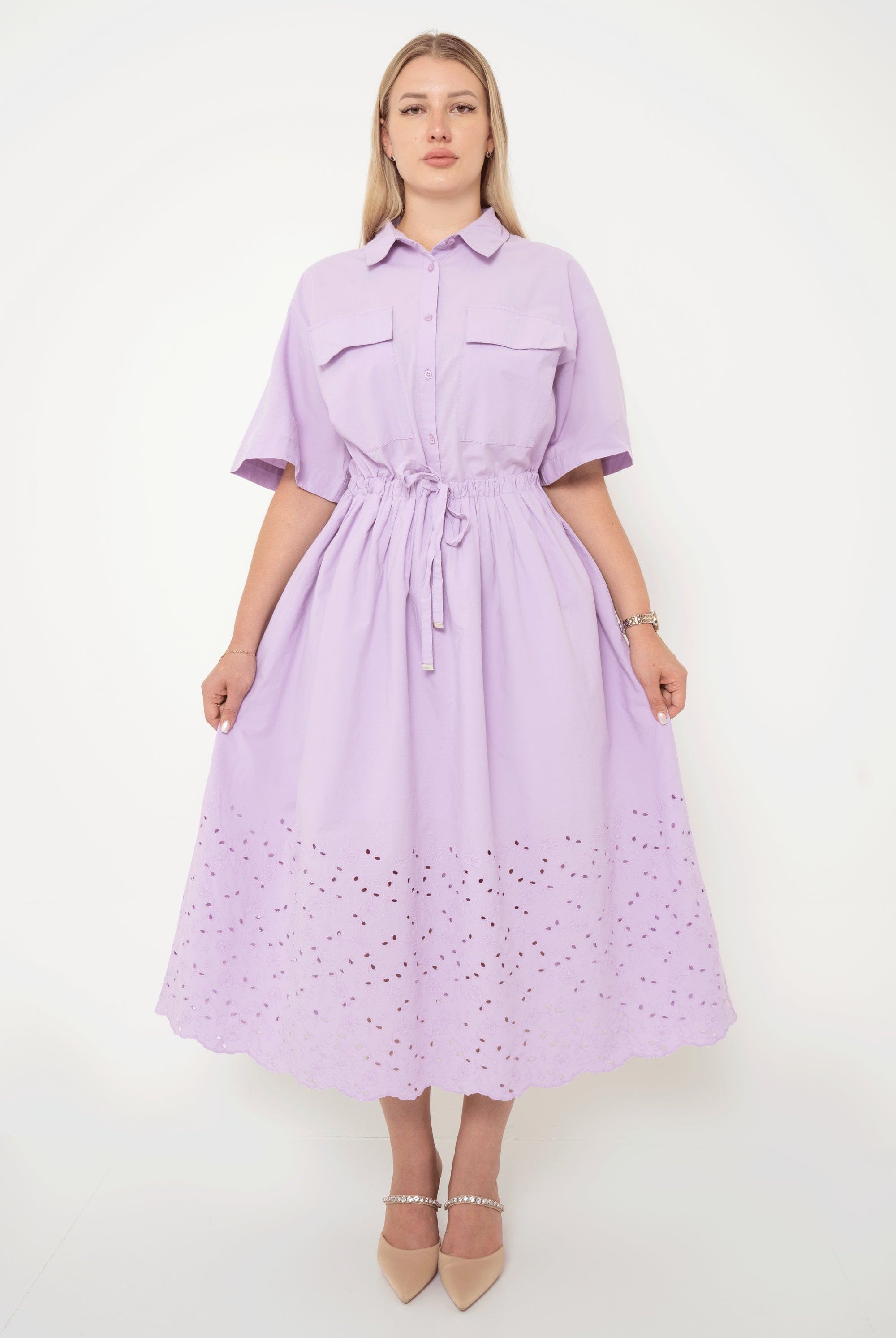 يولا فستان طويل مخصر نص كم بجيوب نسائي