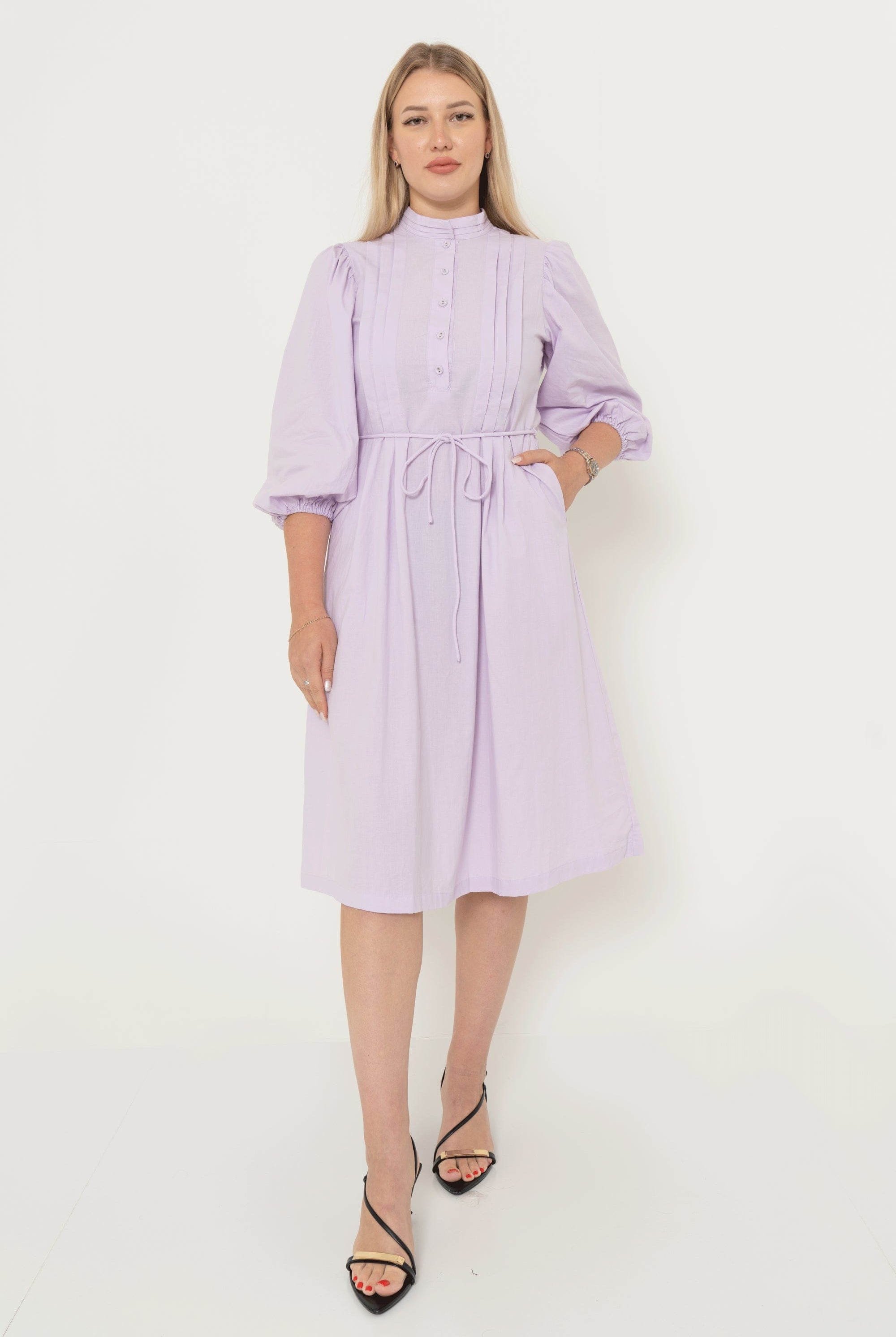 يولا فستان ميدي سادة بجيوب كم طويل نسائي