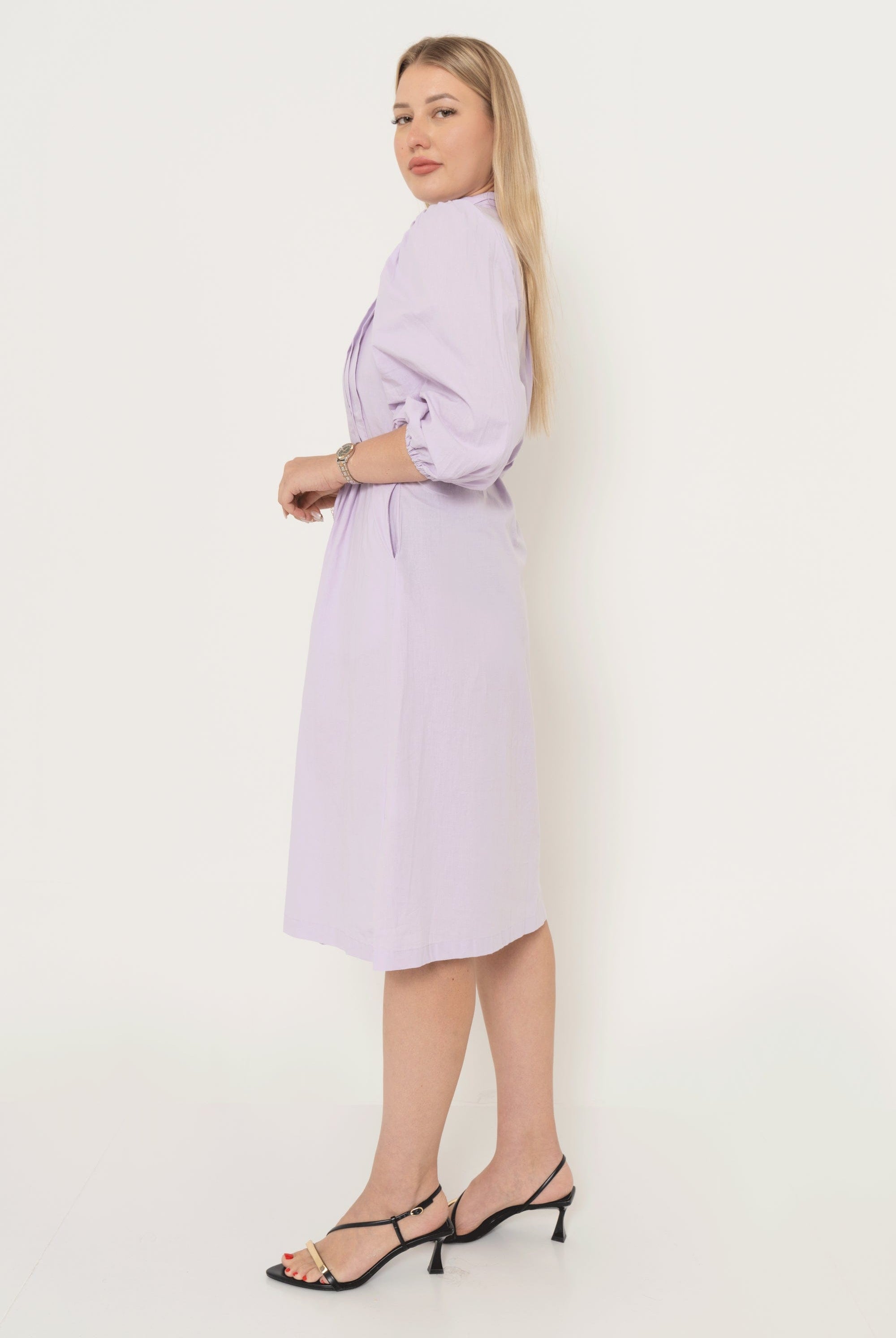 يولا فستان ميدي سادة بجيوب كم طويل نسائي