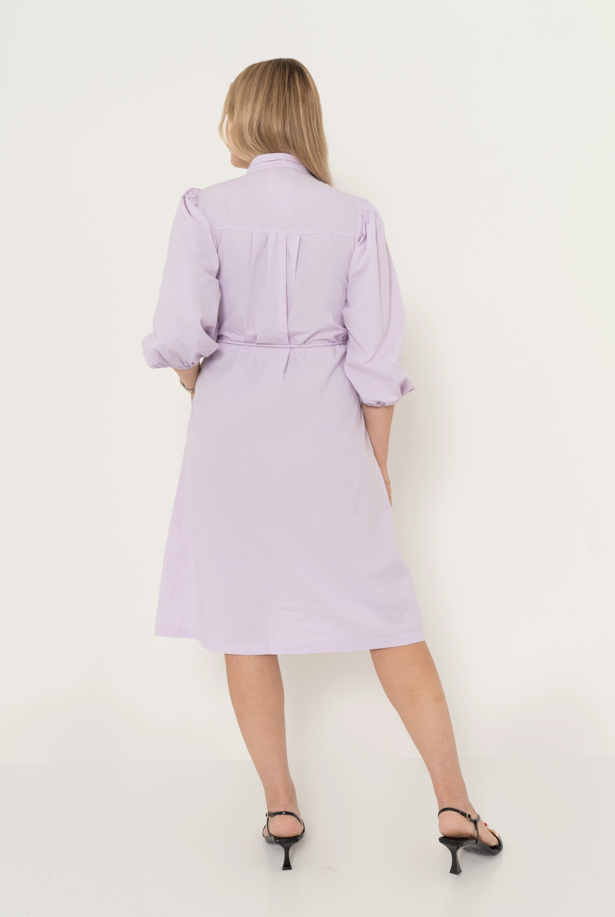 يولا فستان ميدي سادة بجيوب كم طويل نسائي