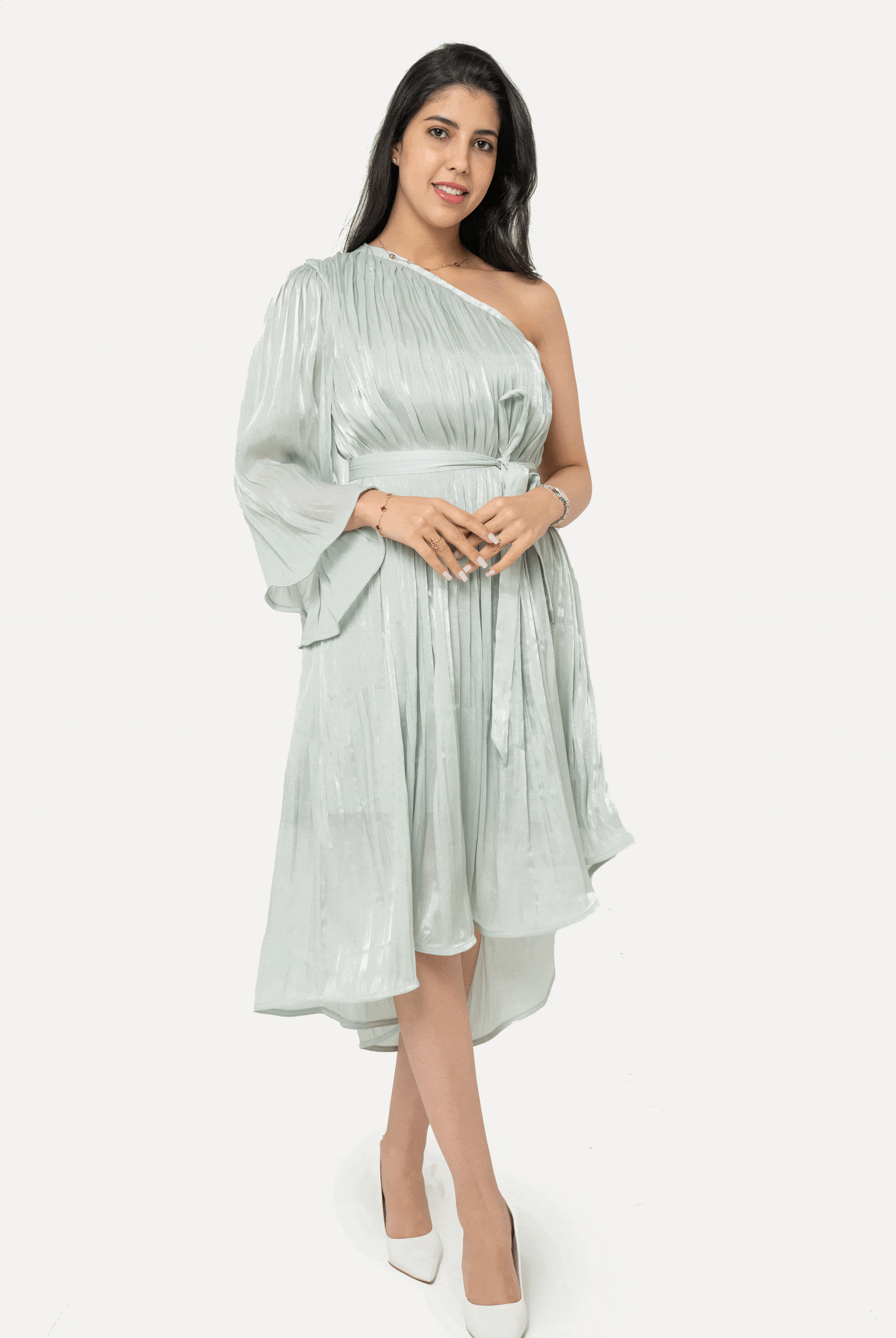 نتشي فستان ميدي نسائي كتف واحد مكشكش