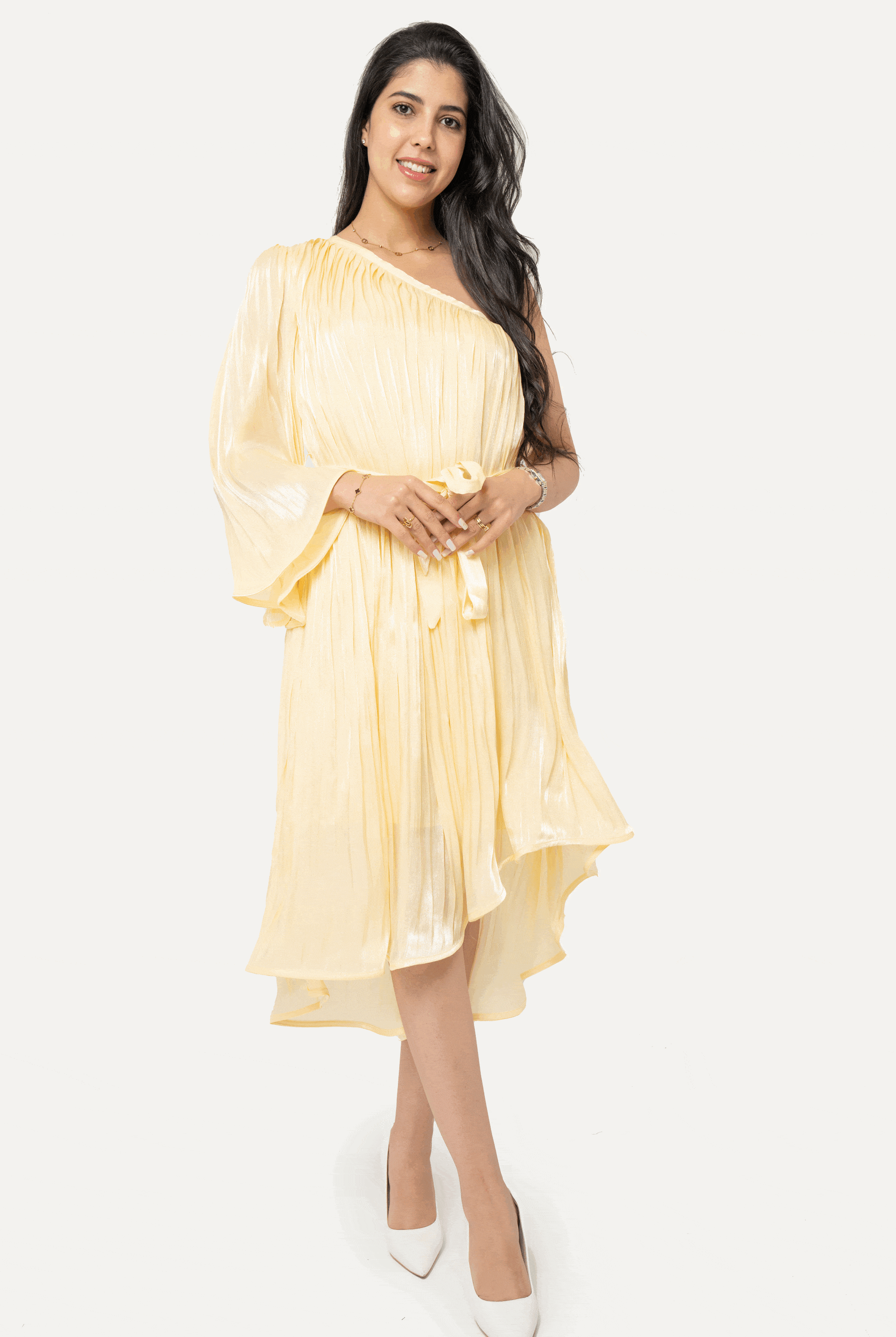 نتشي فستان ميدي نسائي كتف واحد مكشكش