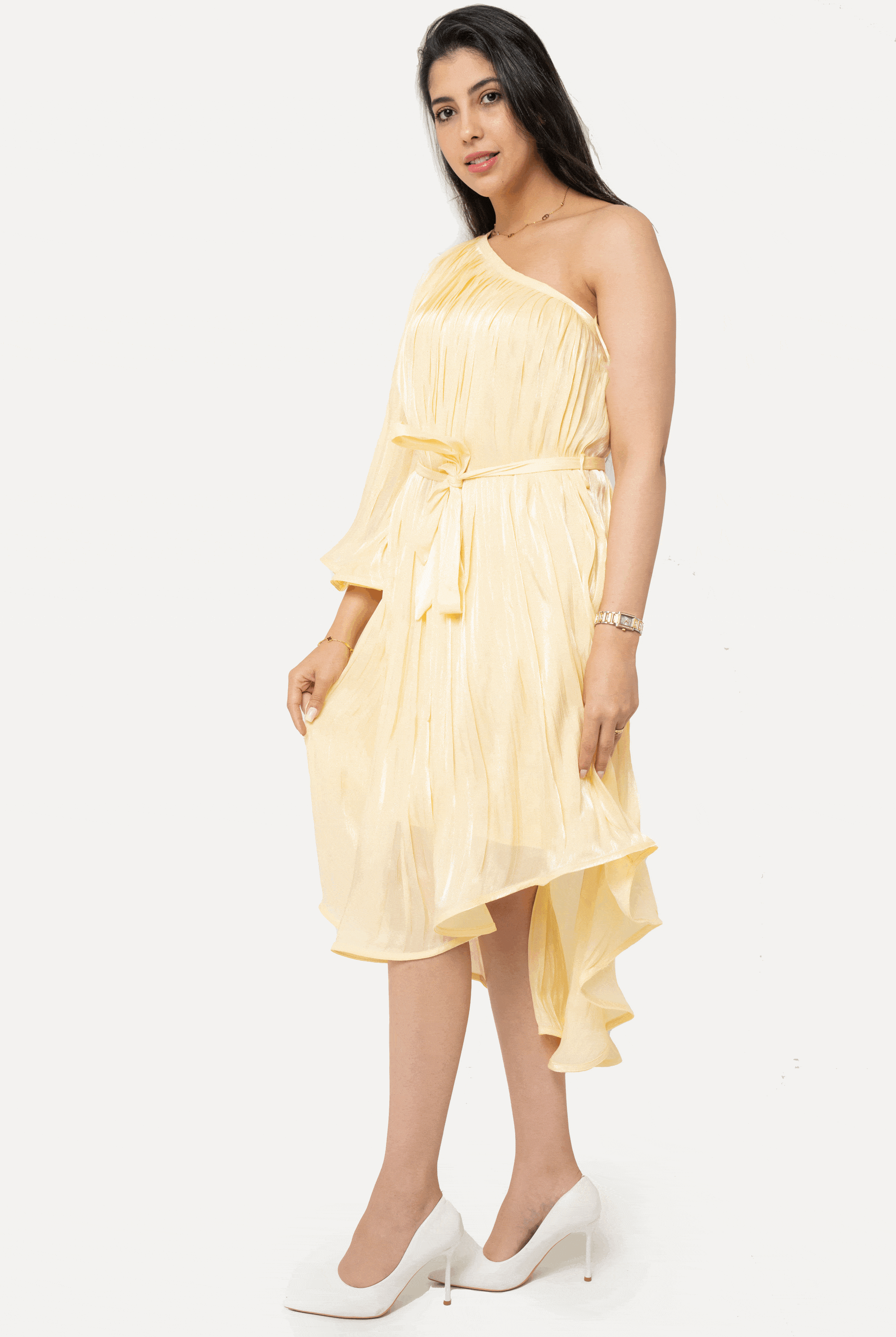 نتشي فستان ميدي نسائي كتف واحد مكشكش