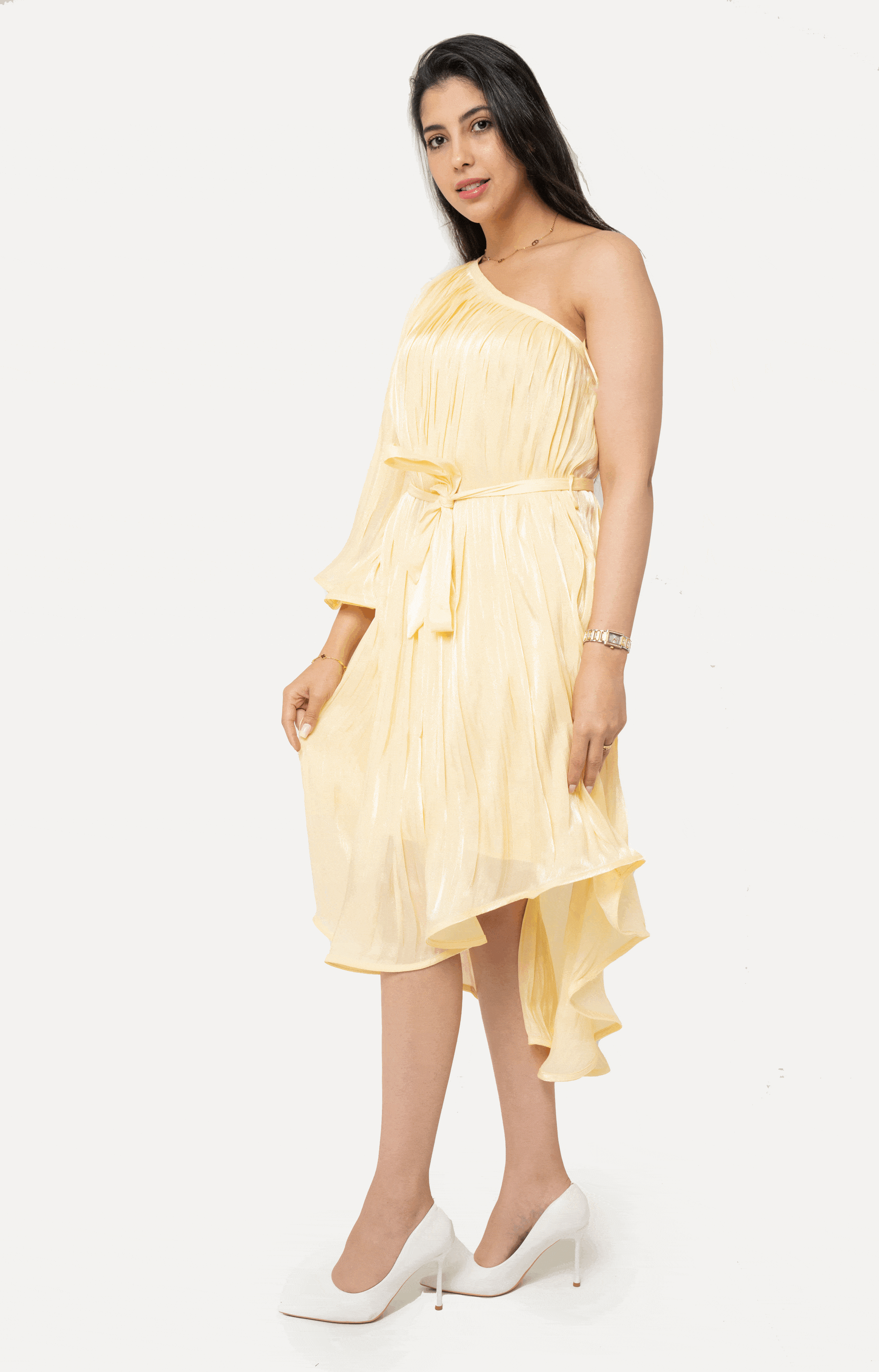 نتشي فستان ميدي نسائي كتف واحد مكشكش