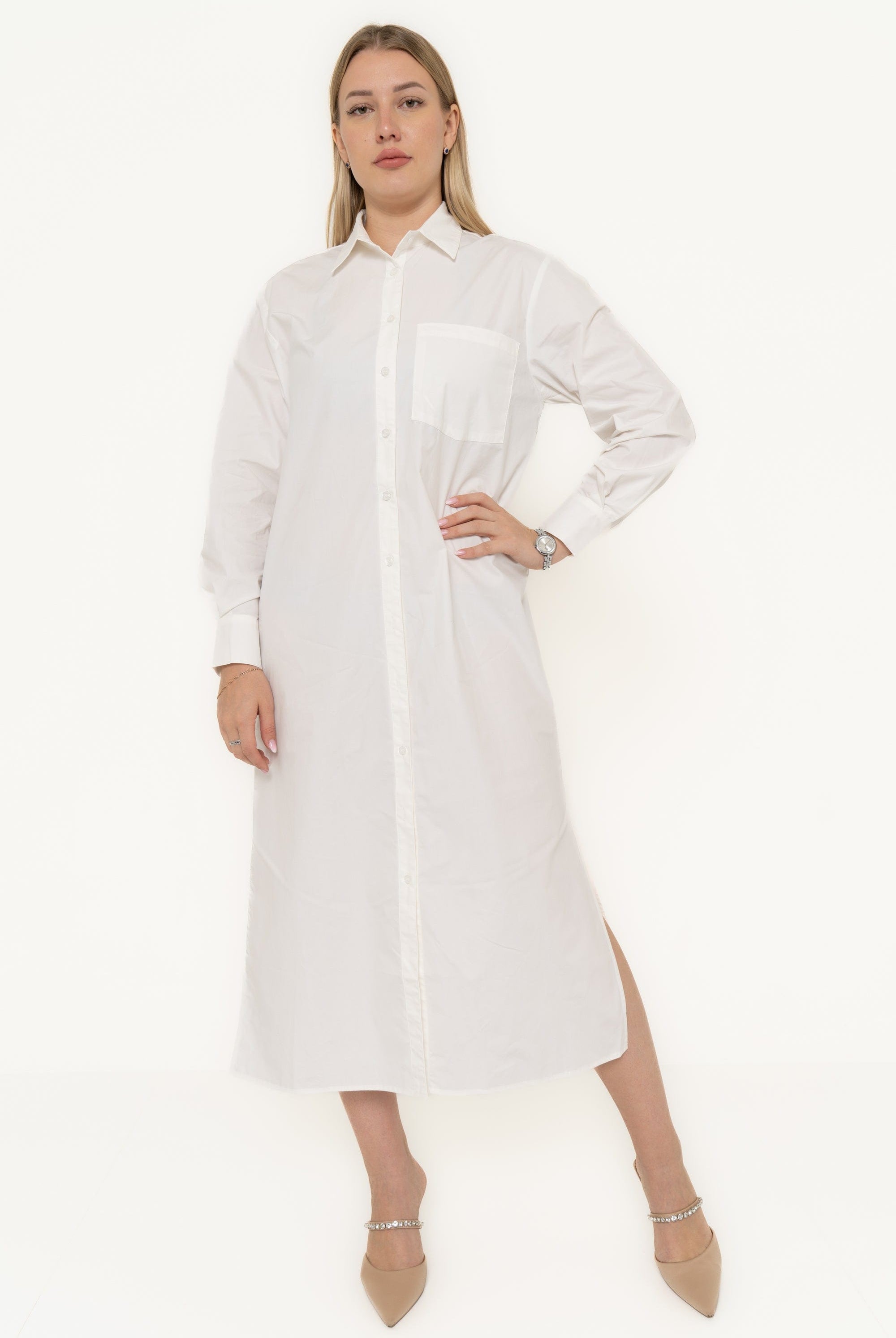 يولا فستان نسائي ميدي بياقة وأزرار امامية وفتحتين على الجنب