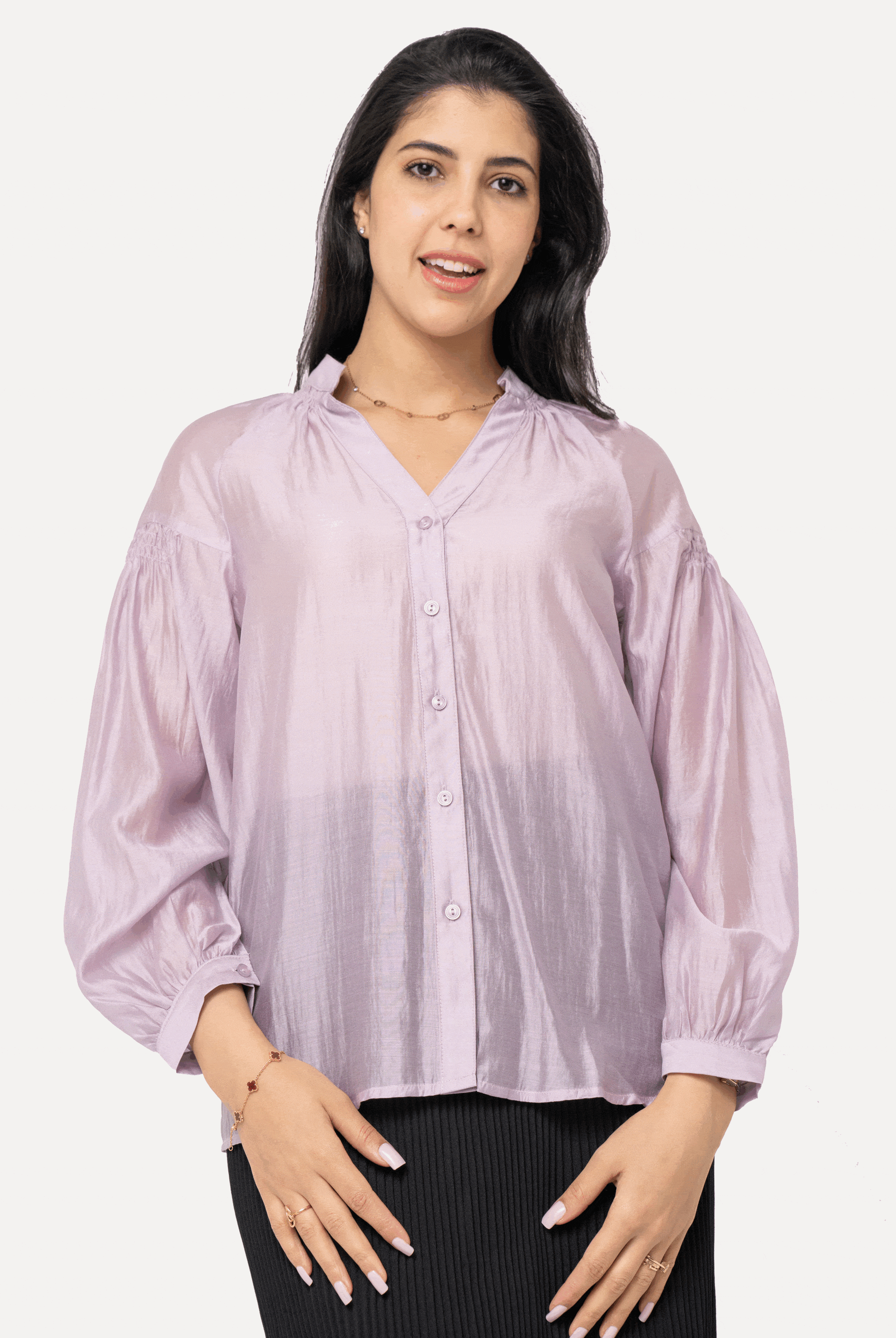 نتشي قميص شيفون شفاف بأزرار أمامية كم طويل