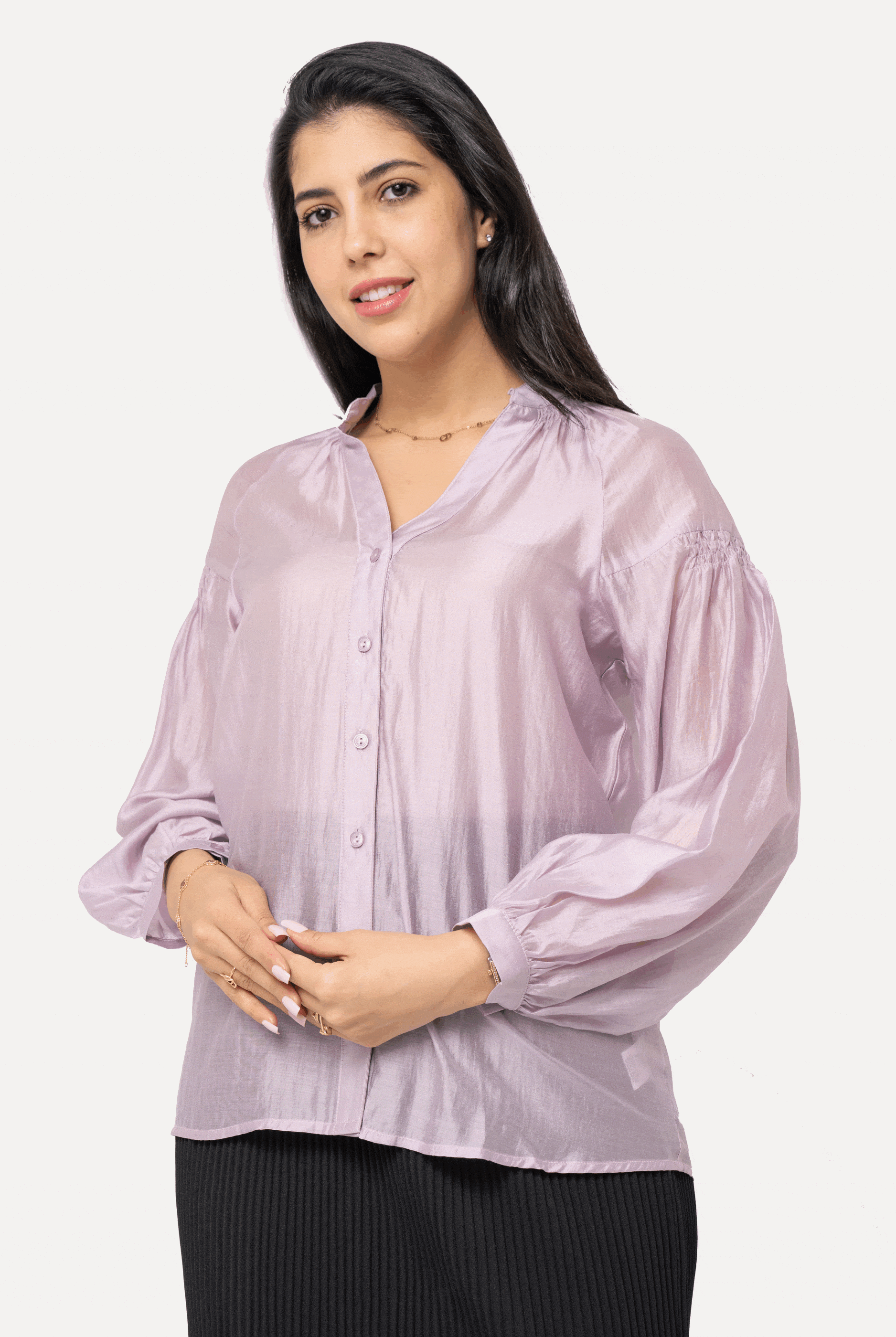 نتشي قميص شيفون شفاف بأزرار أمامية كم طويل