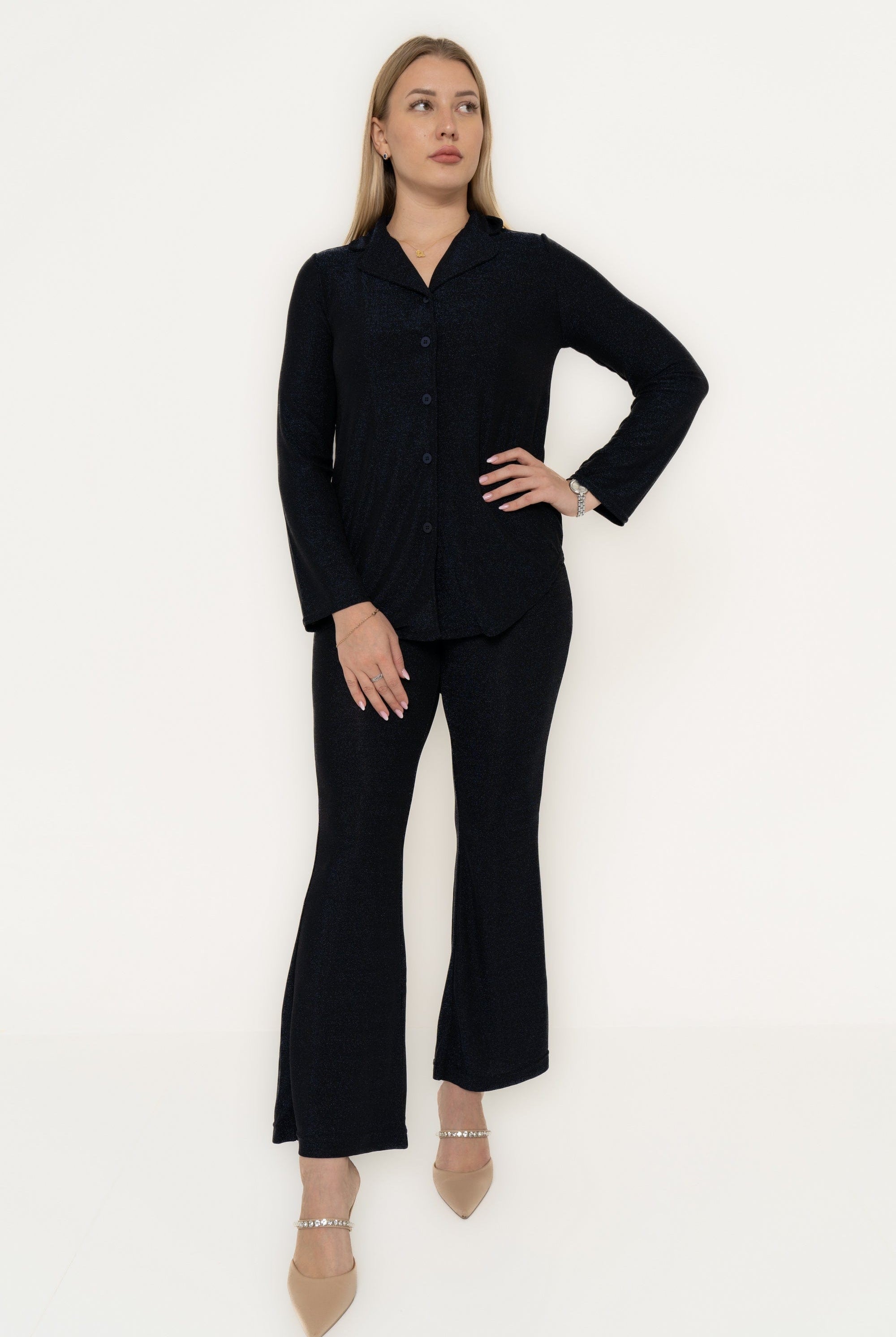 يولا بيجامه نسائية سادة بلوزة بياقة وبنطلون قصة رجل واسعة