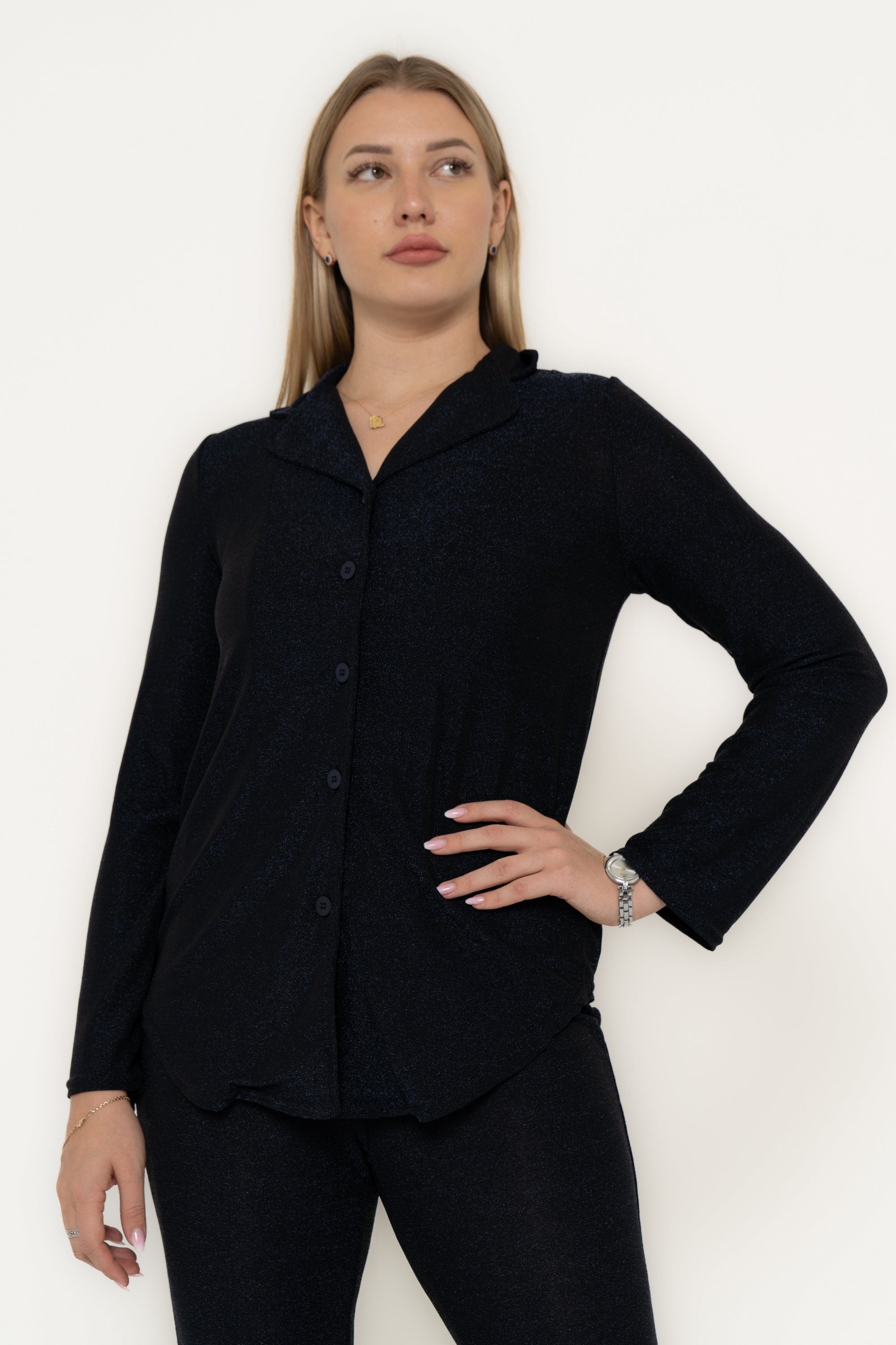 يولا بيجامه نسائية سادة بلوزة بياقة وبنطلون قصة رجل واسعة