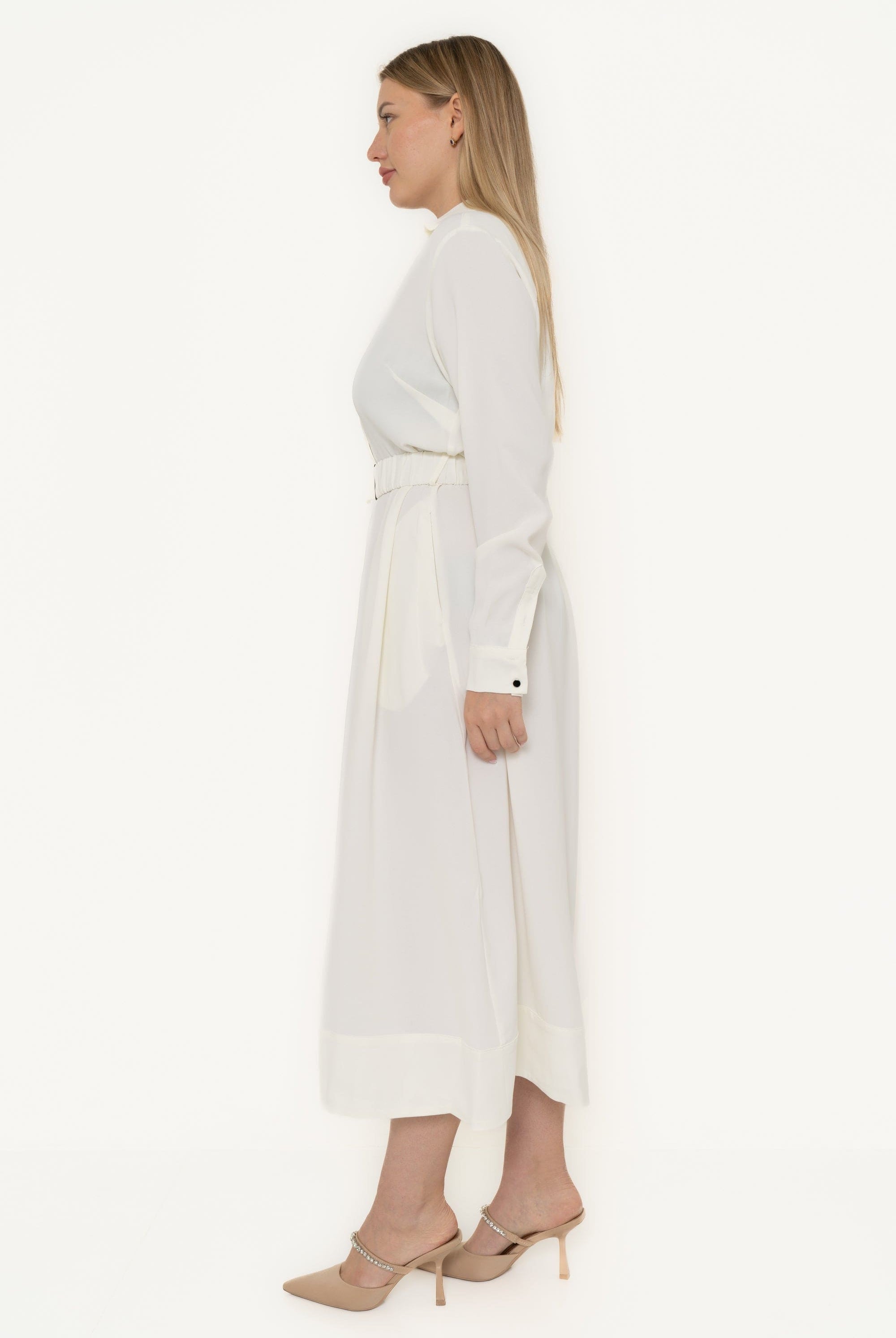 يولا فستان دوام نسائي سادة بأكمام طويله وحزام على الخصر