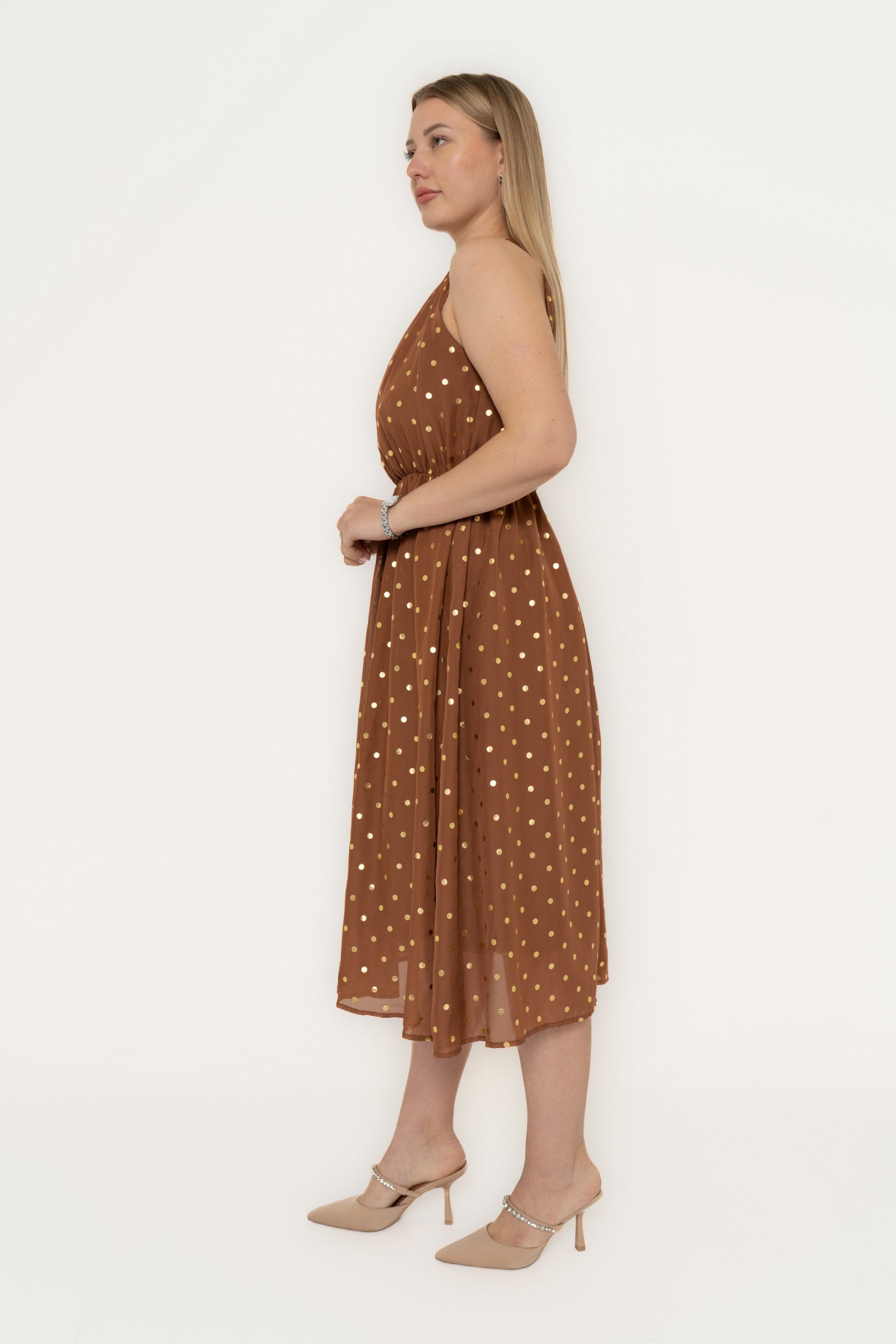 يولا فستان كات ميدي بكشكش على الخصر شيفون منقط