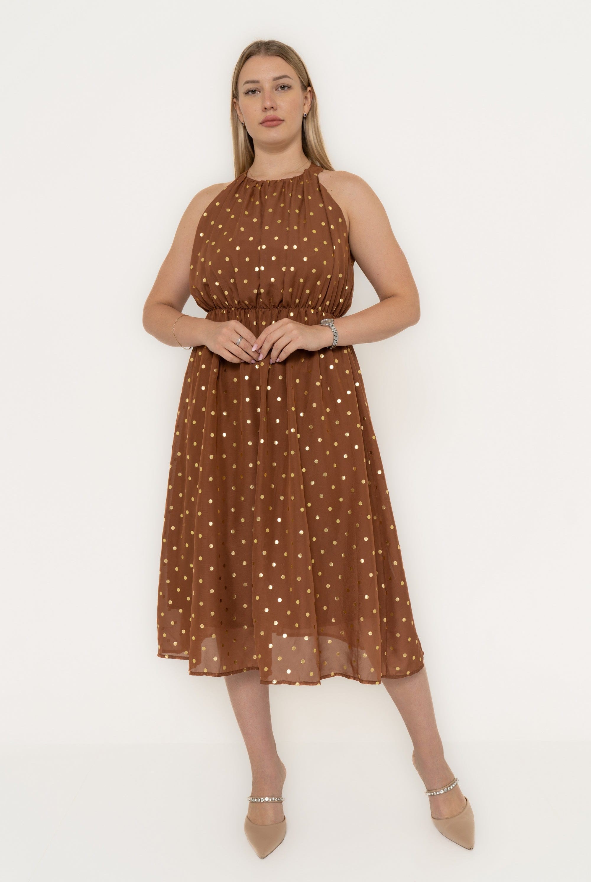 يولا فستان كات ميدي بكشكش على الخصر شيفون منقط