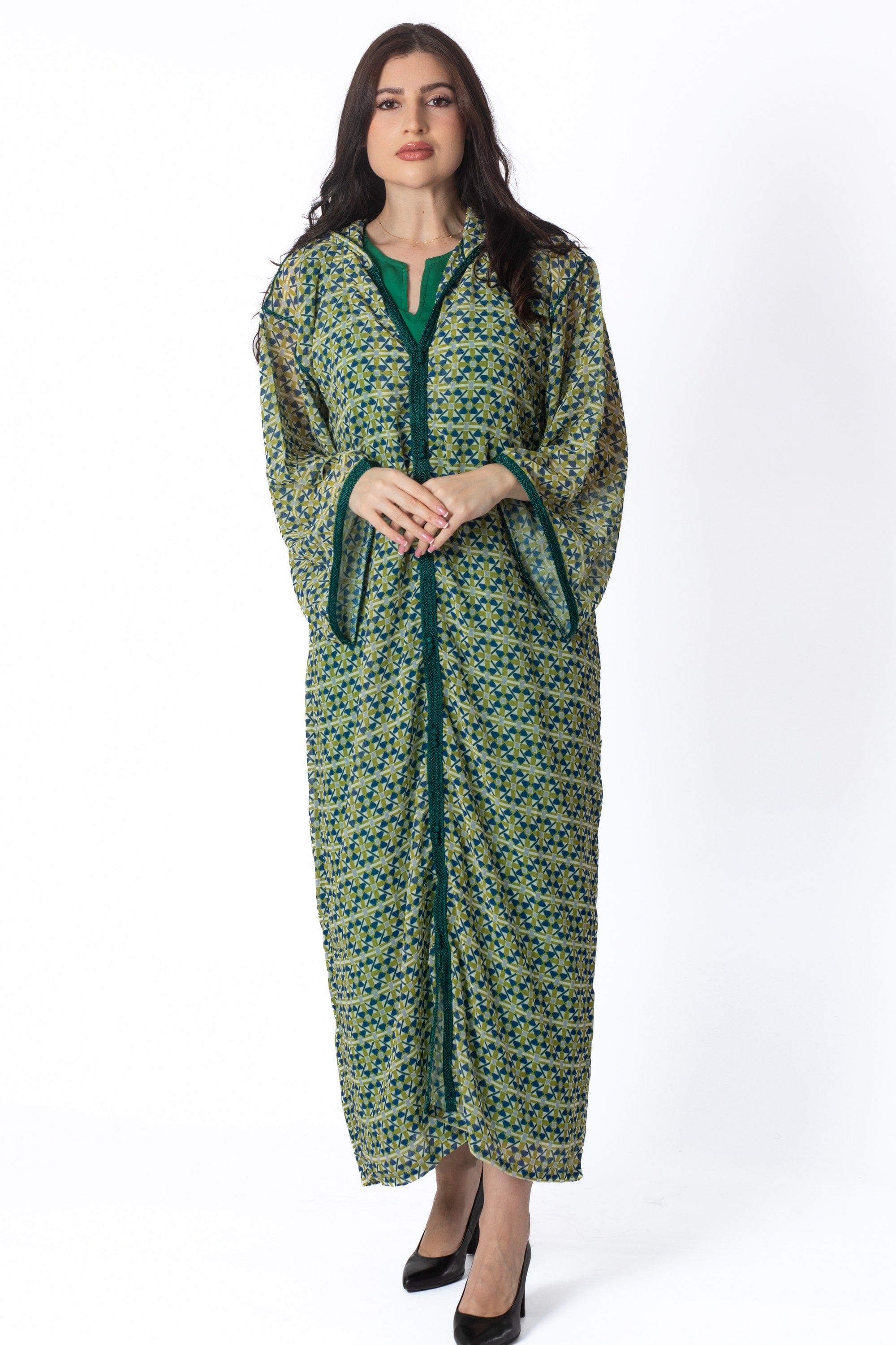 ديامانتين جلابة كميس منقوشة كم طويل أخضر