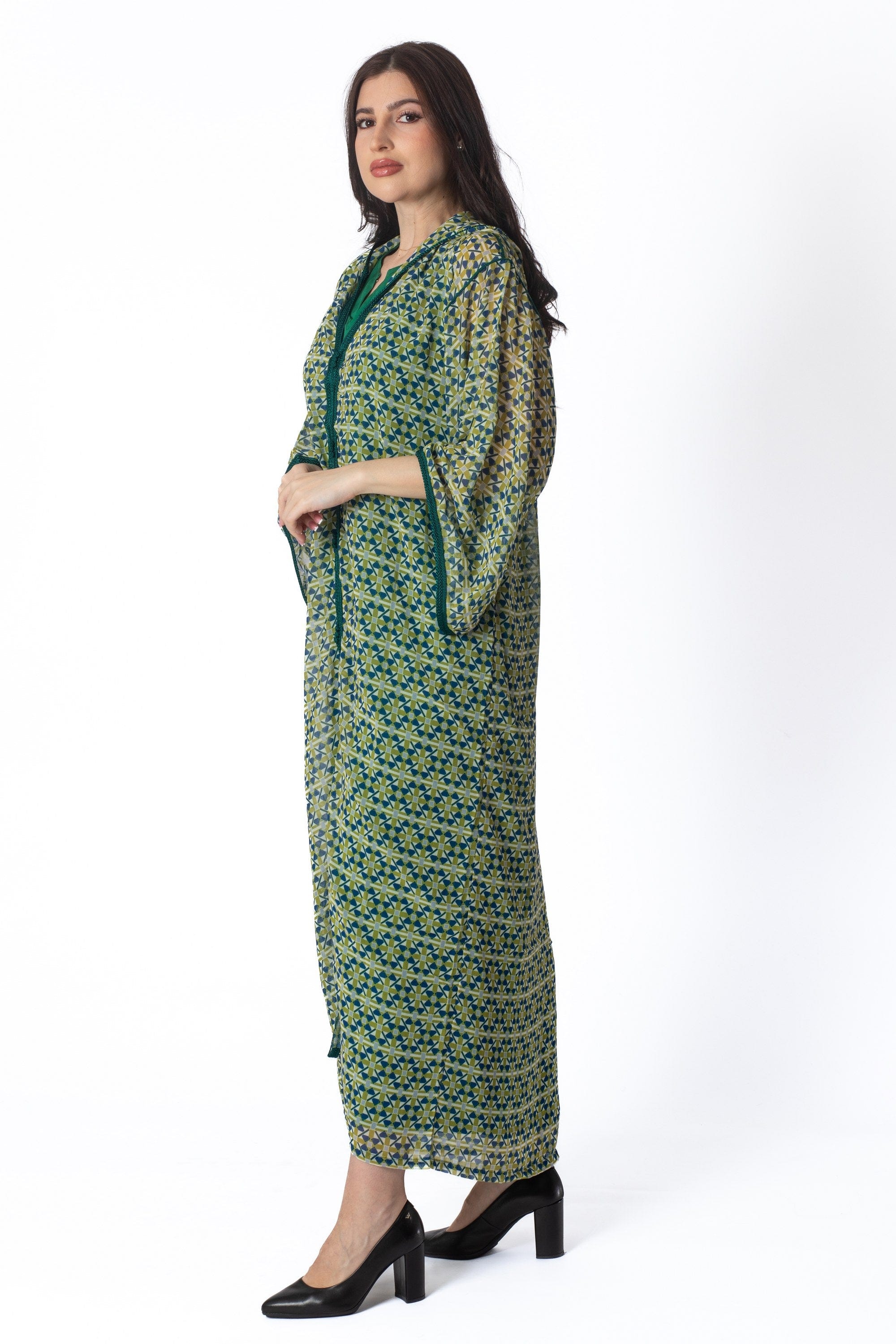 ديامانتين جلابة كميس منقوشة كم طويل أخضر