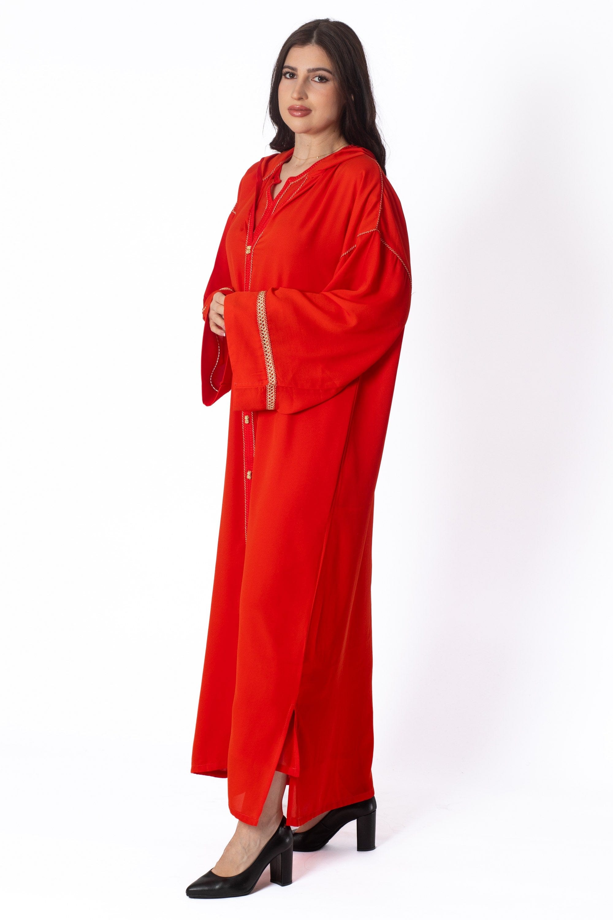 ديامانتين كميس جلابة بأكمام طويلة واسعة مزينة بالكور المطرزة نسائي أحمر