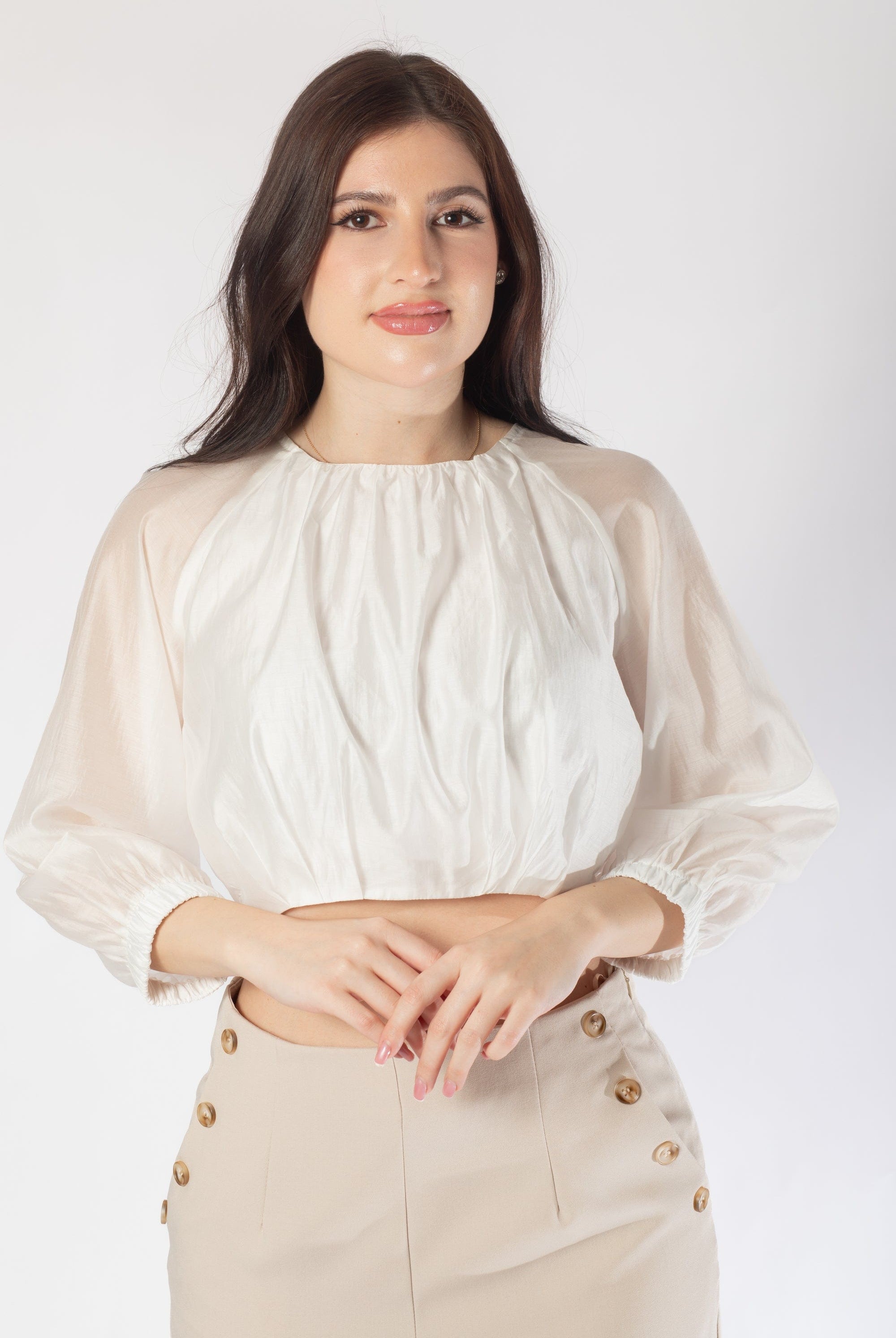 بلوزة خصر مرتفع سادة 3/4 كم نسائي