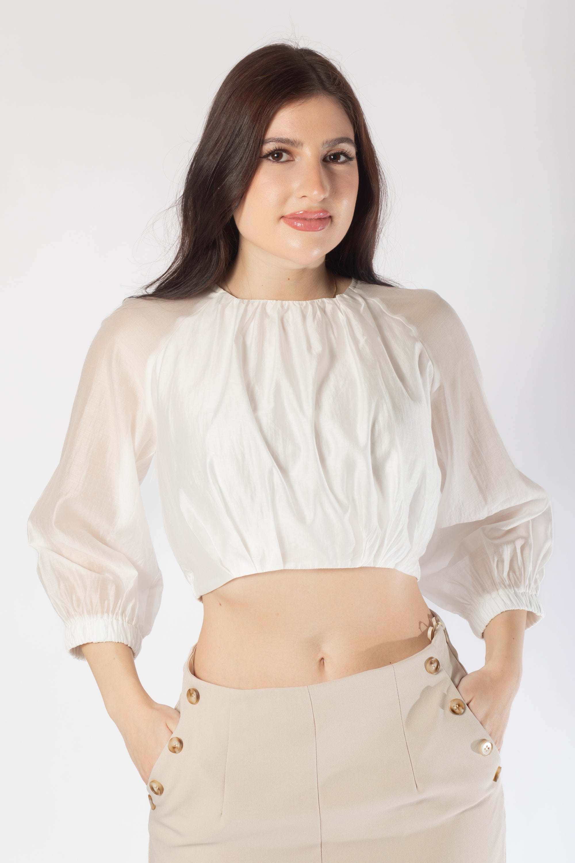 بلوزة خصر مرتفع سادة 3/4 كم نسائي