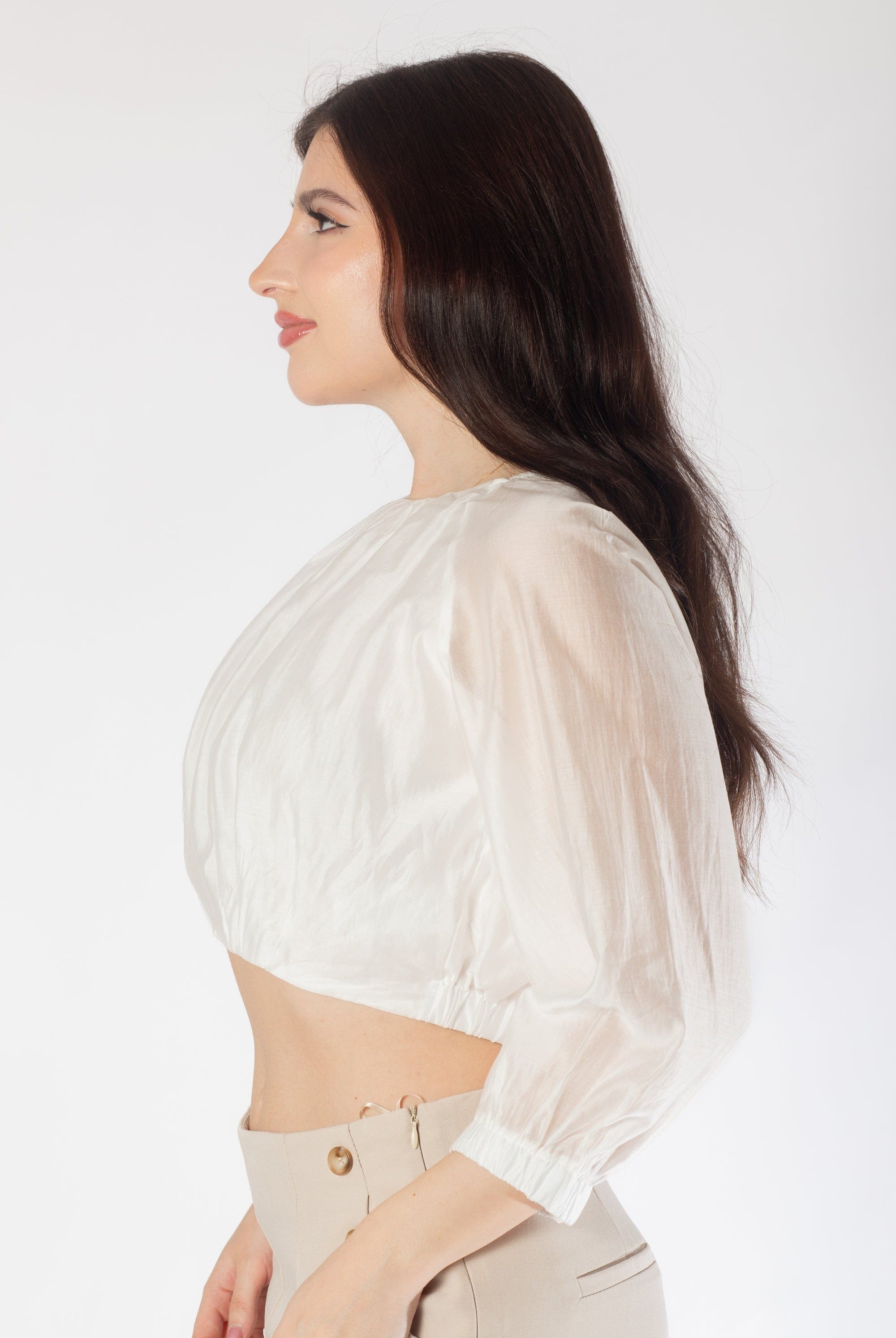 بلوزة خصر مرتفع سادة 3/4 كم نسائي