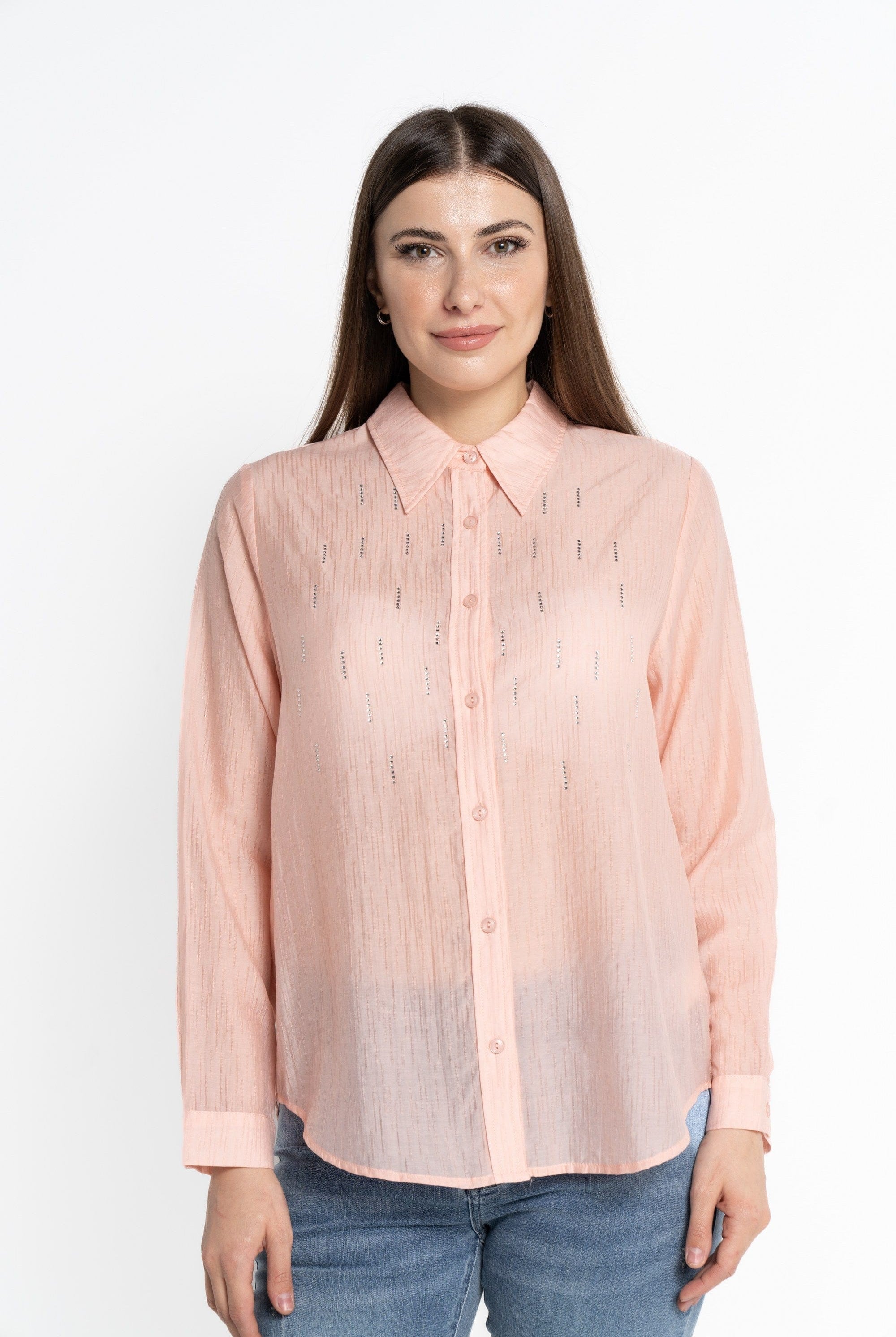 نتشي قميص بأكمام طويلة مزين بستراس بأزرار أمامية نسائي