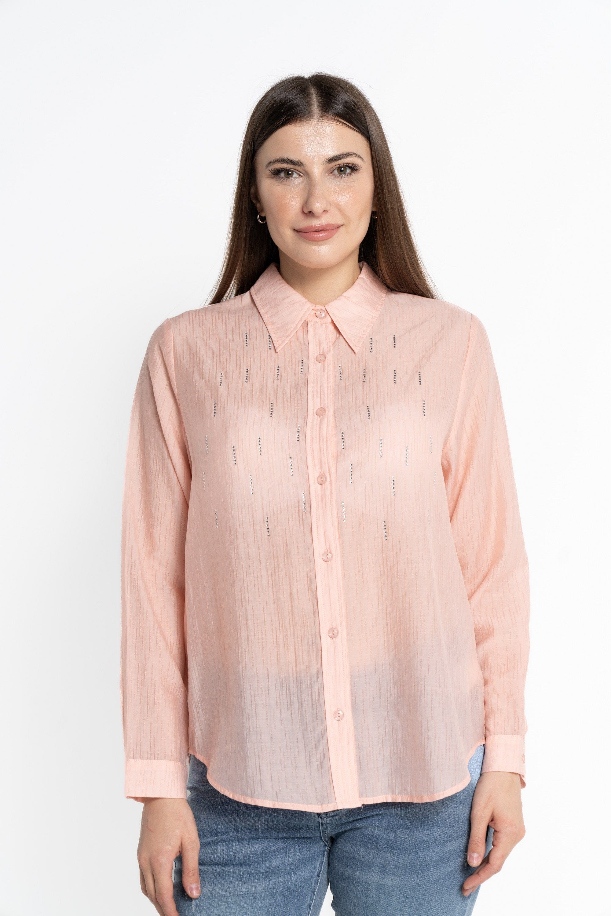 نتشي قميص بأكمام طويلة مزين بستراس بأزرار أمامية نسائي