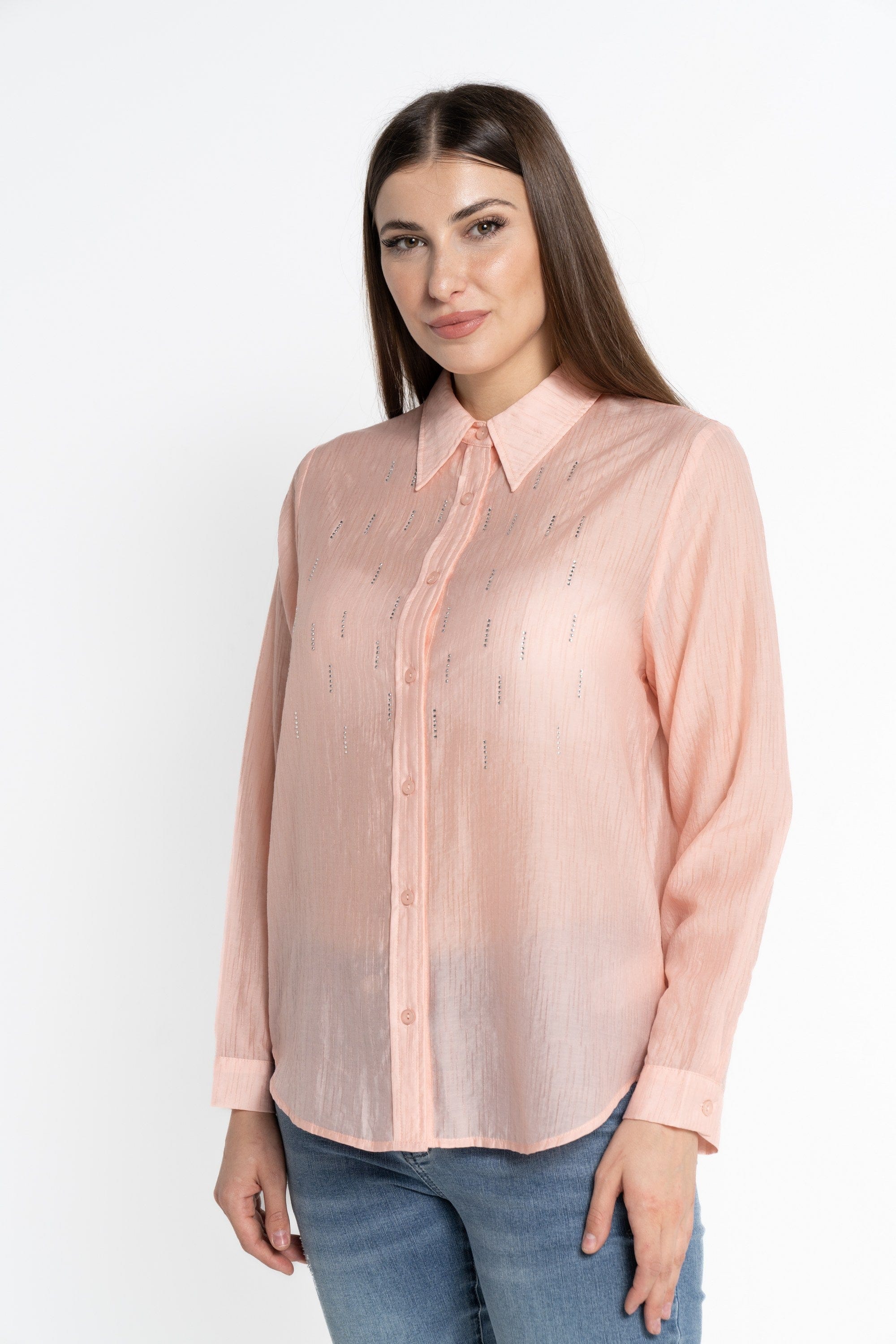 نتشي قميص بأكمام طويلة مزين بستراس بأزرار أمامية نسائي