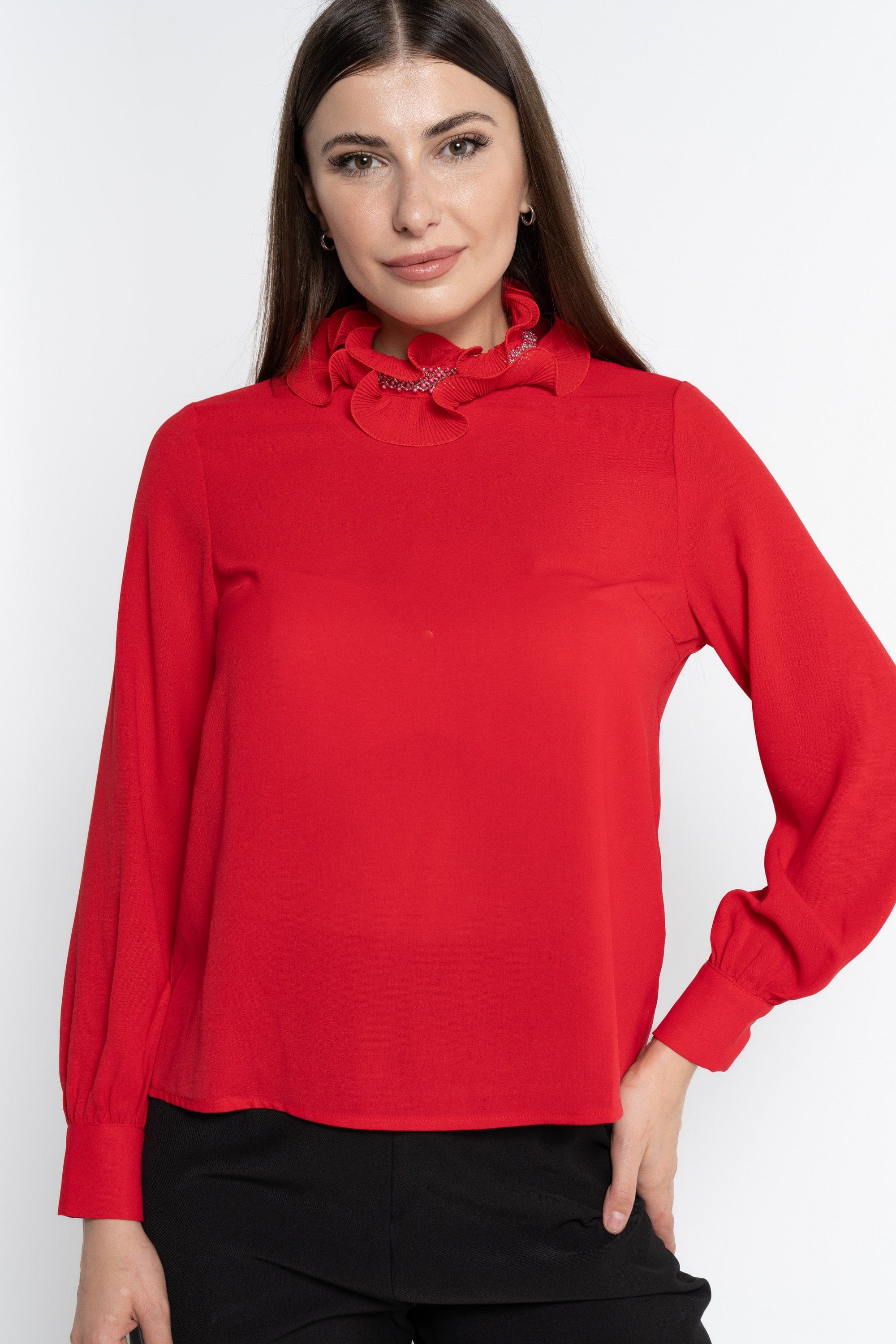 نتشي بلوزة بأكمام طويلة سادة بياقة مكشكشة مطرزة نسائي