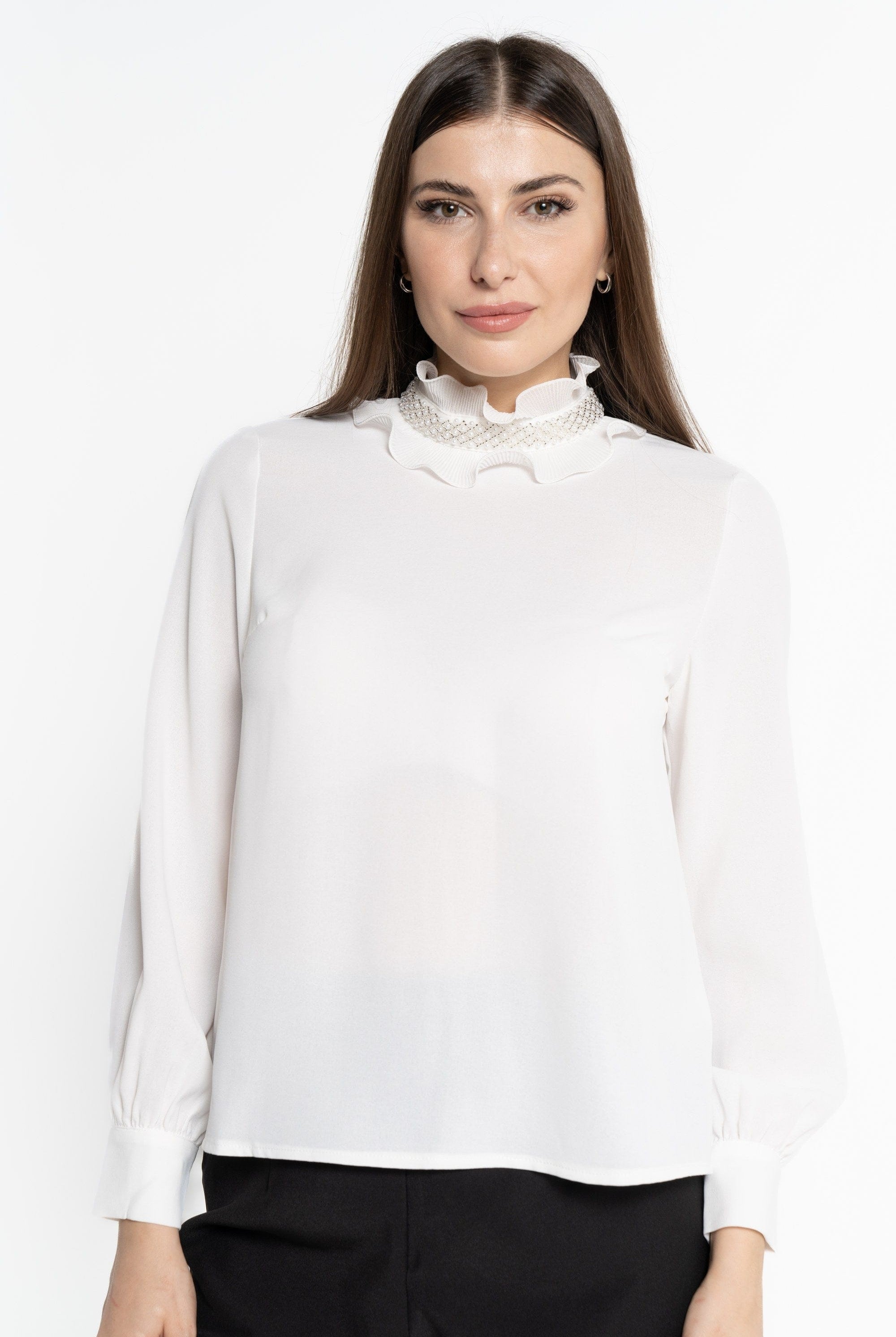 نتشي بلوزة بأكمام طويلة سادة بياقة مكشكشة مطرزة نسائي