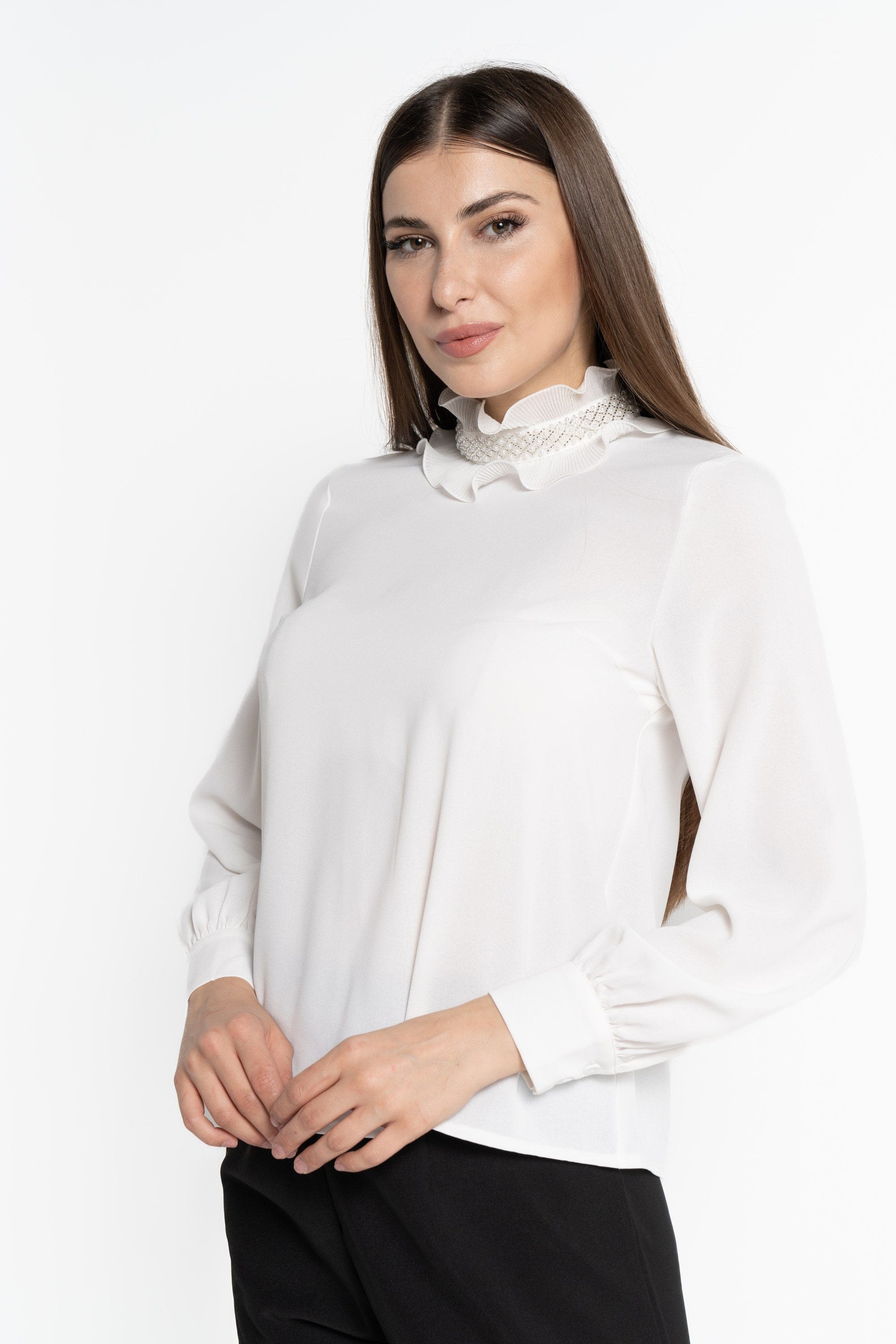 نتشي بلوزة بأكمام طويلة سادة بياقة مكشكشة مطرزة نسائي