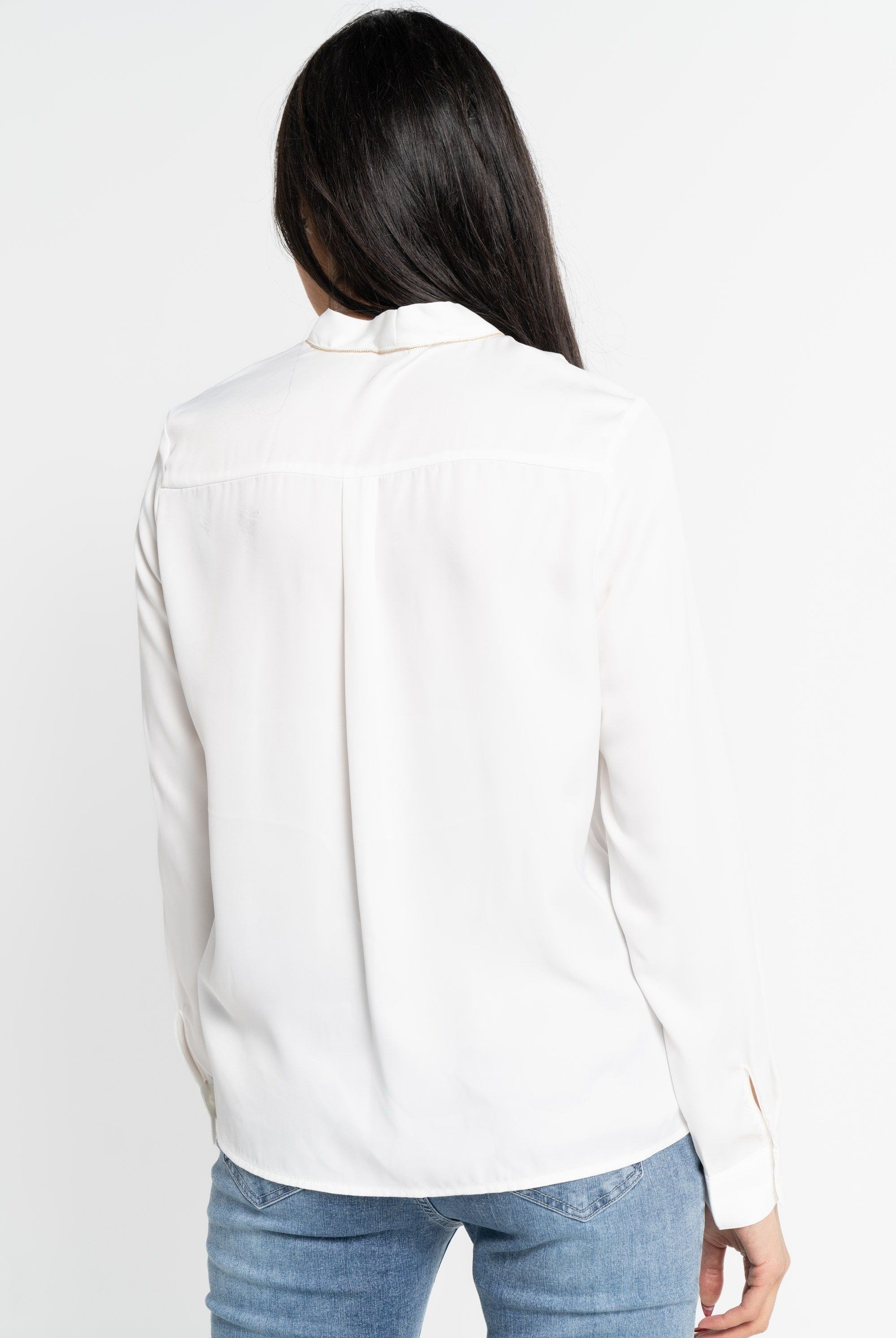 نتشي بلوزة بأكمام طويلة سادة بربطة عنق لامعة نسائية