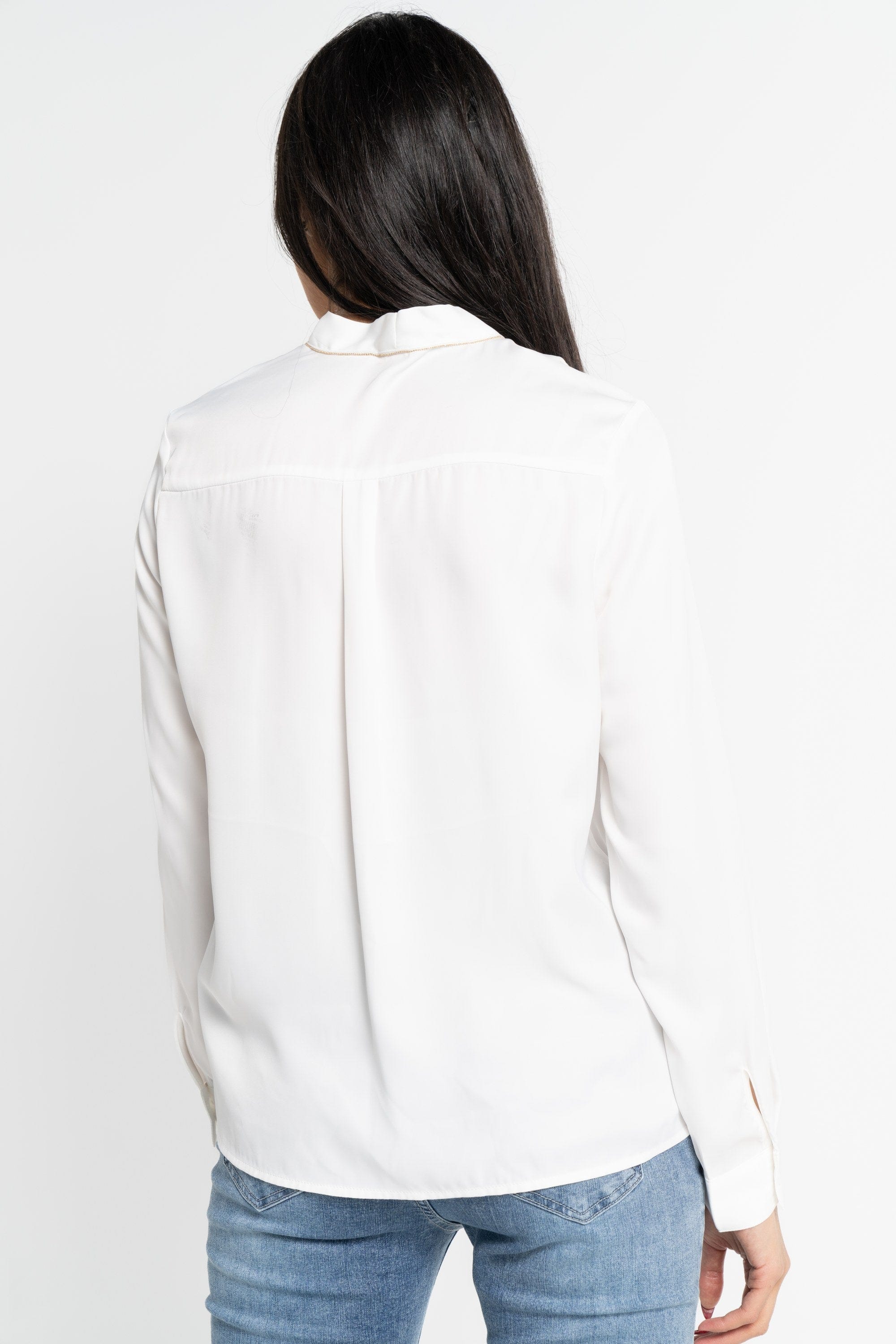 نتشي بلوزة بأكمام طويلة سادة بربطة عنق لامعة نسائية