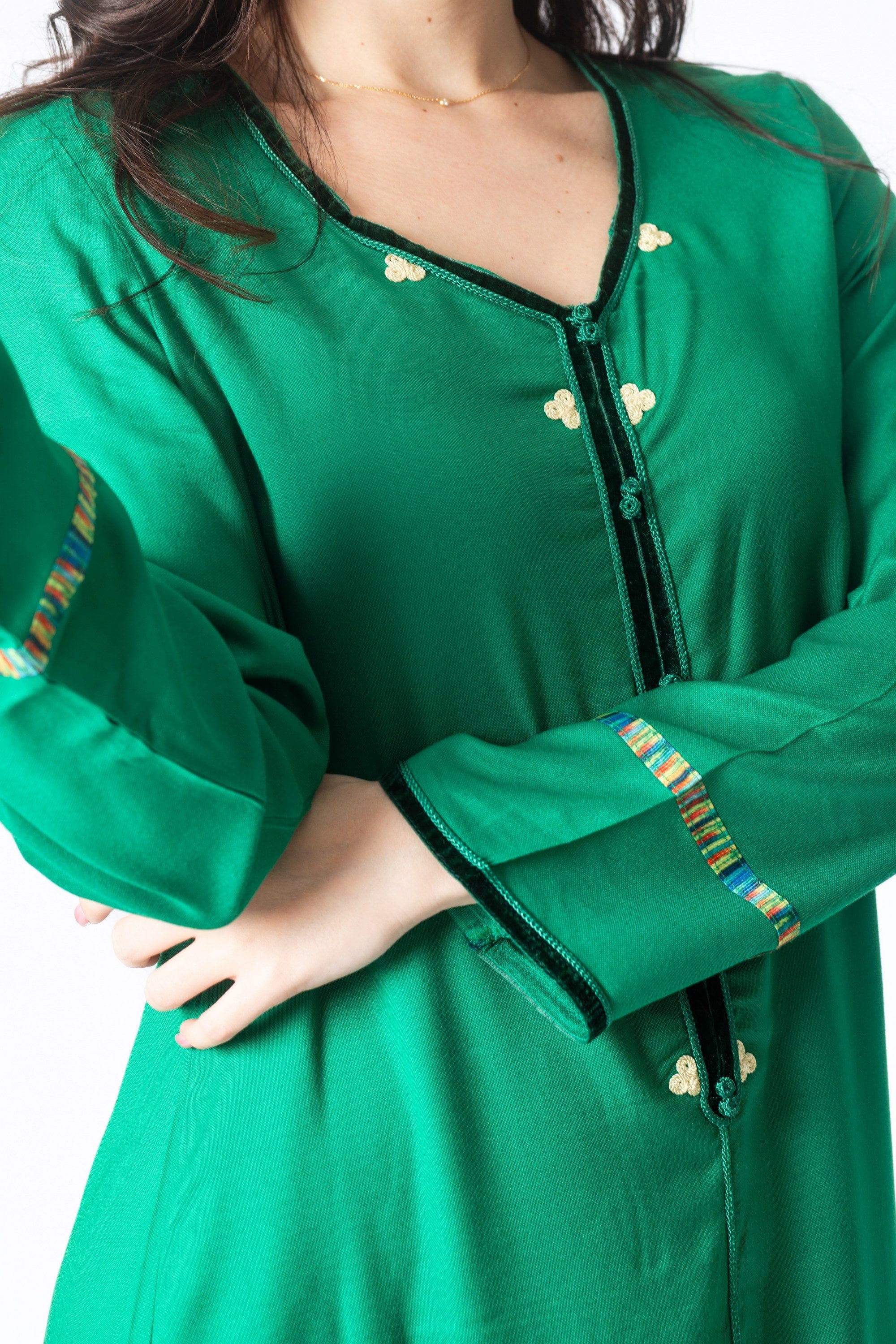 ديامانتين كميس طويلة الأكمام مطرزة بالخيط نسائي أخضر داكن