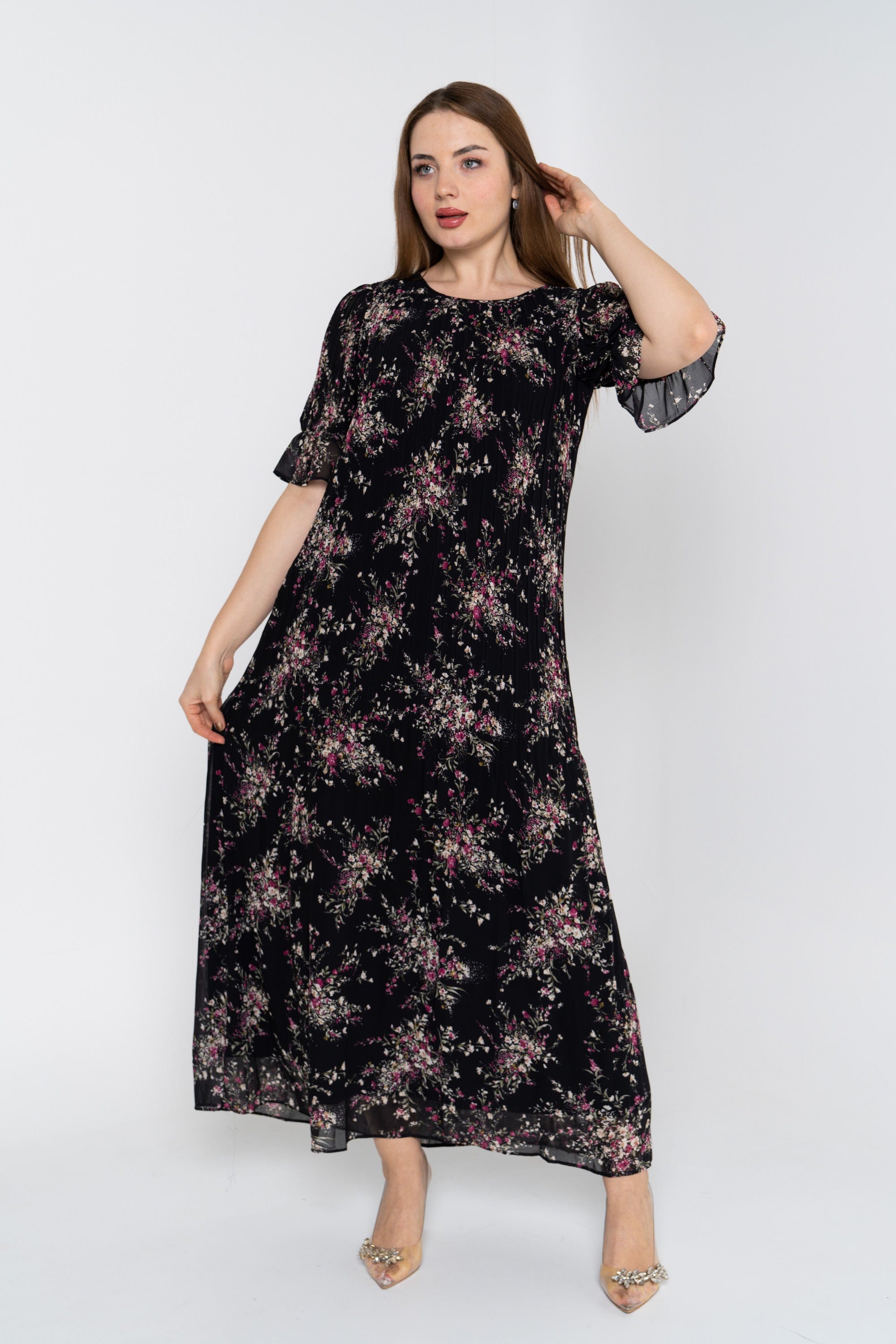 نتشي فستان ماكسي 3/4 كم مورد برقبة دائرية