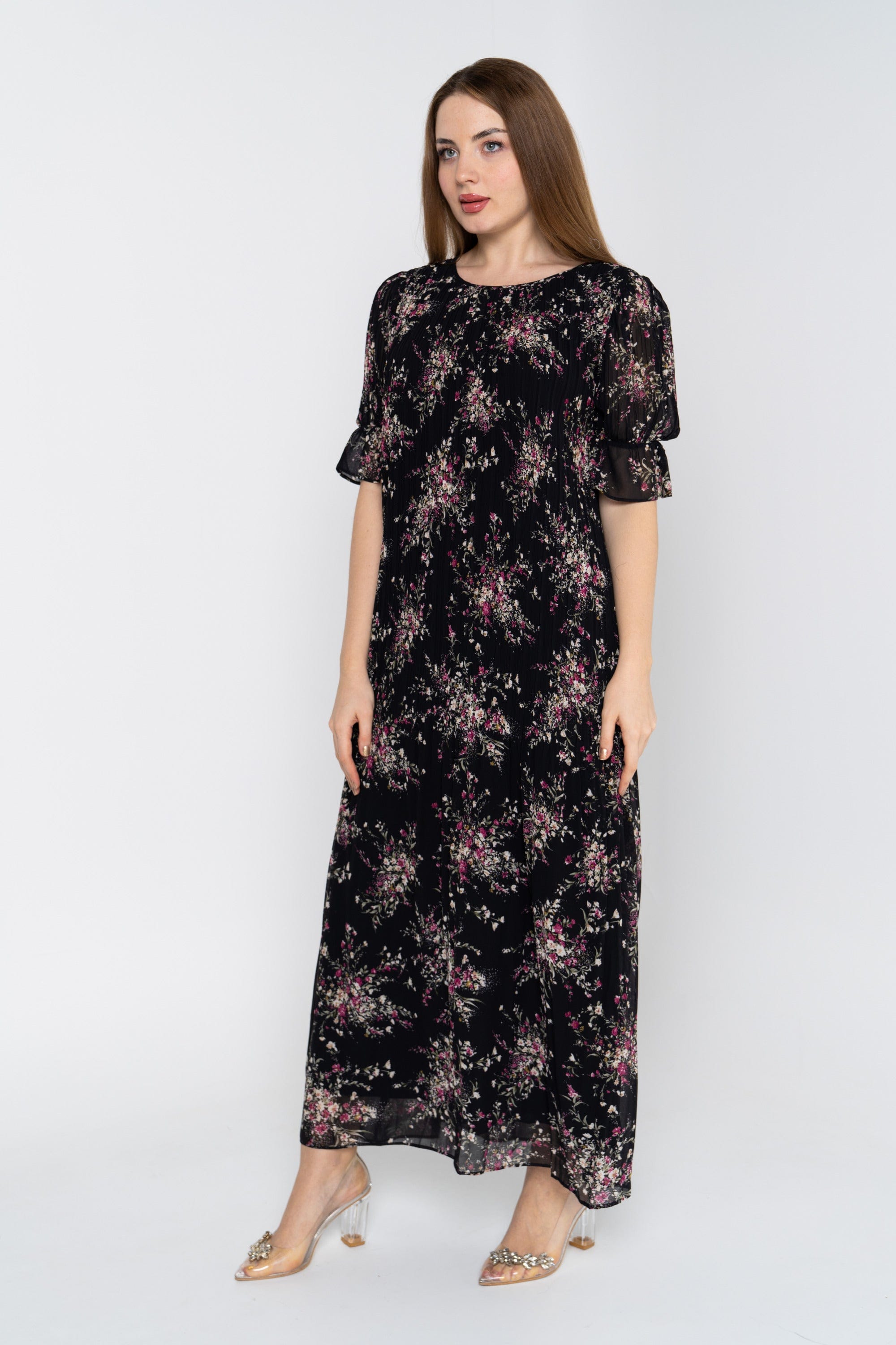 نتشي فستان ماكسي 3/4 كم مورد برقبة دائرية