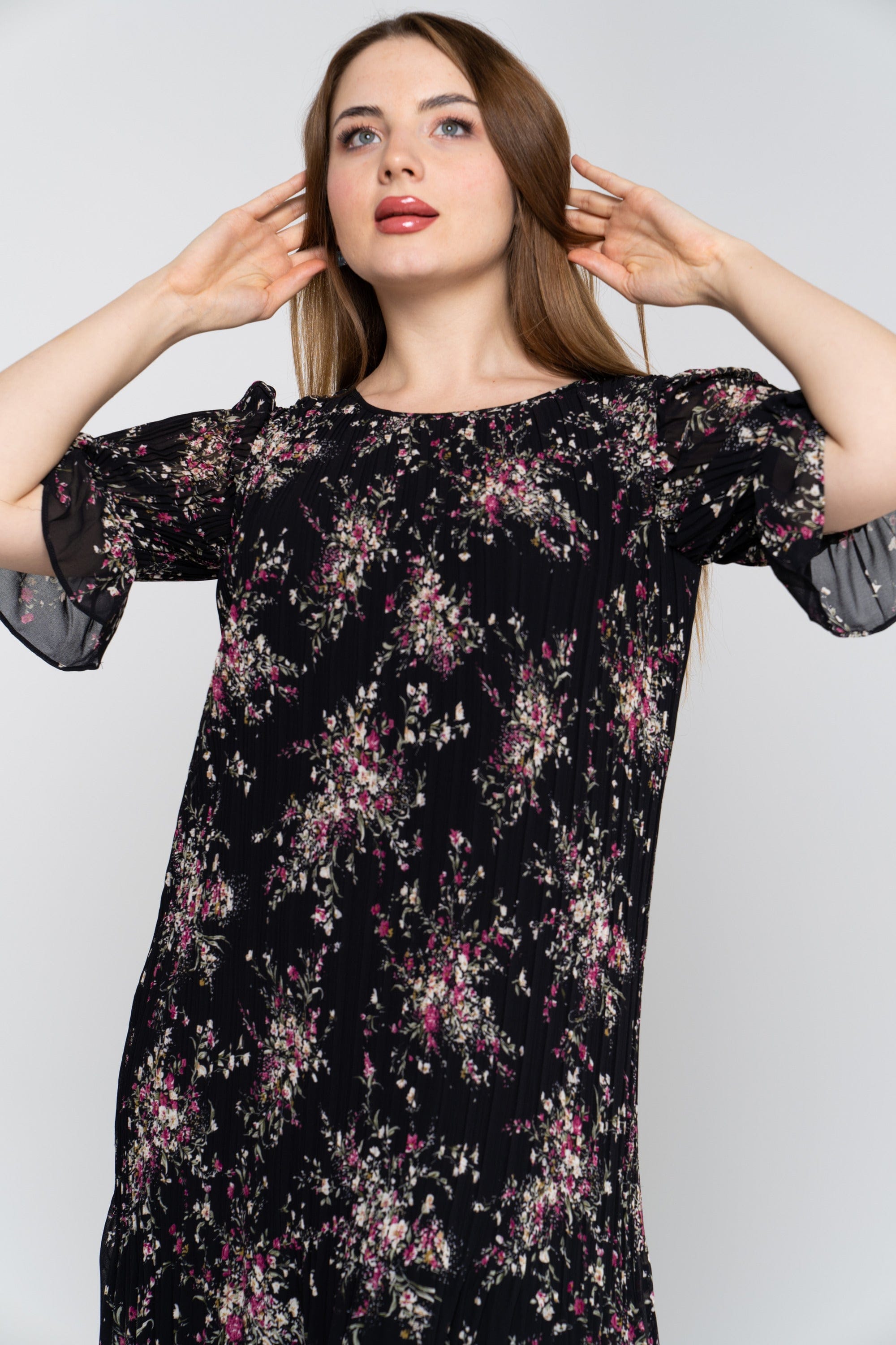 نتشي فستان ماكسي 3/4 كم مورد برقبة دائرية